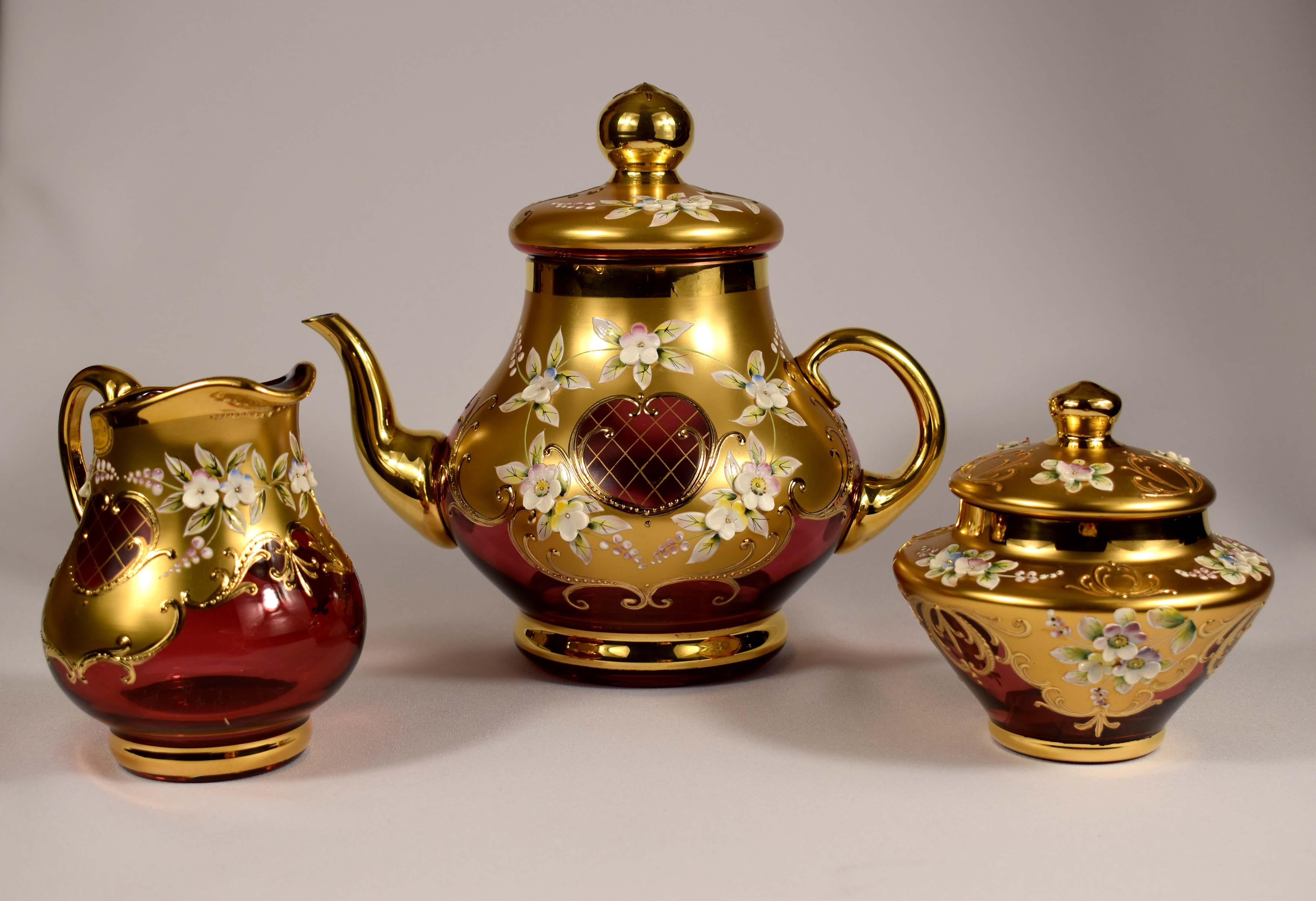 Hand-Crafted Tea set-Original-Ruby glass-Painting- High Enamel-Gilded-Crystalex  20th century For Sale
