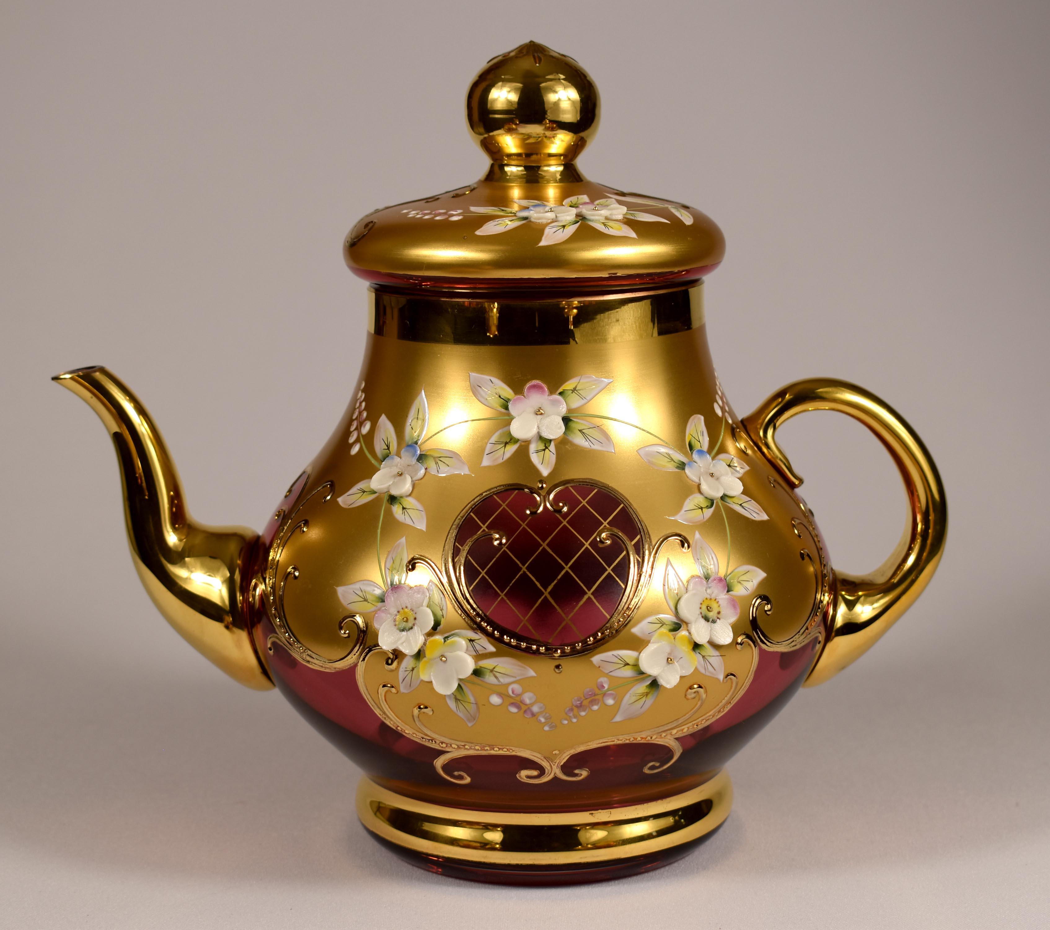 Tea set-Original-Ruby glass-Painting- High Enamel-Gilded-Crystalex  20th century In Good Condition For Sale In Nový Bor, CZ