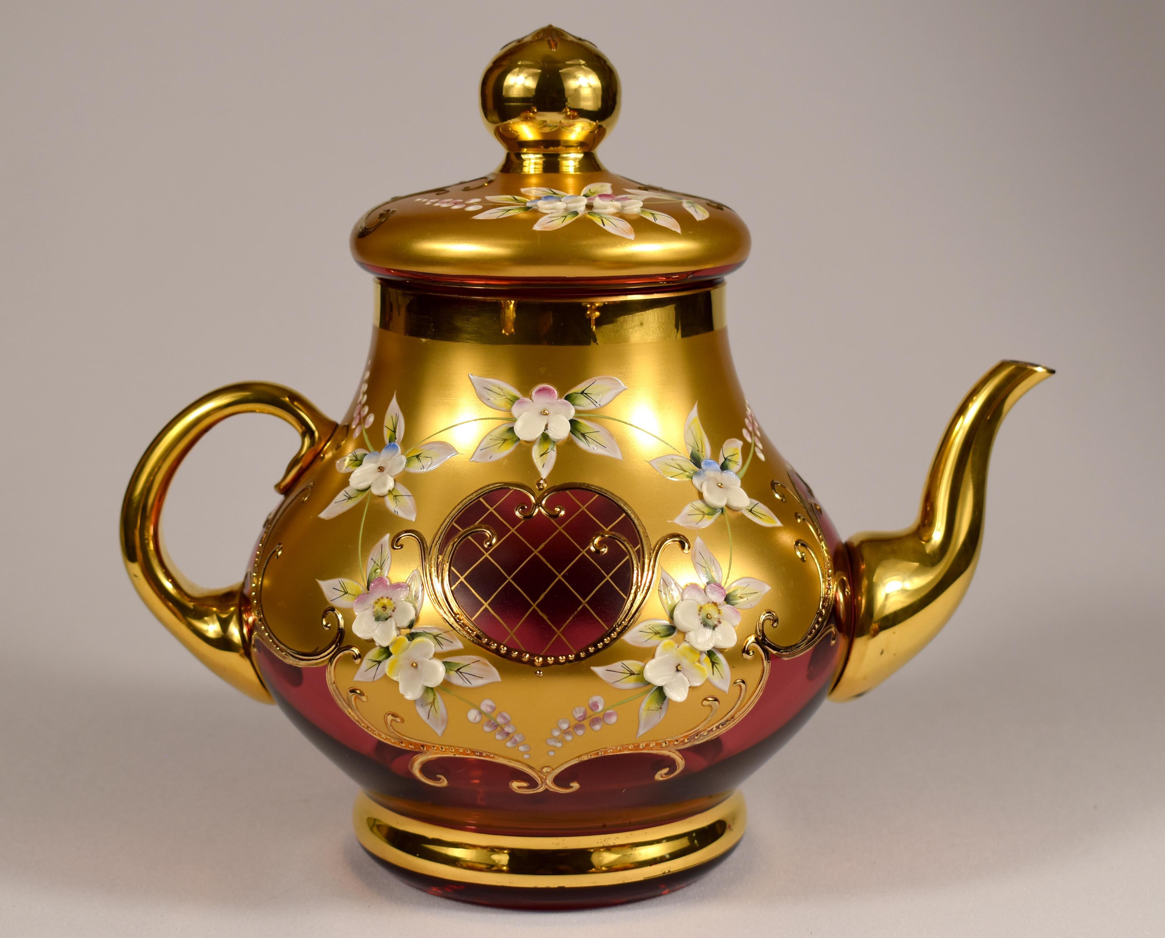 20th Century Tea set-Original-Ruby glass-Painting- High Enamel-Gilded-Crystalex  20th century For Sale