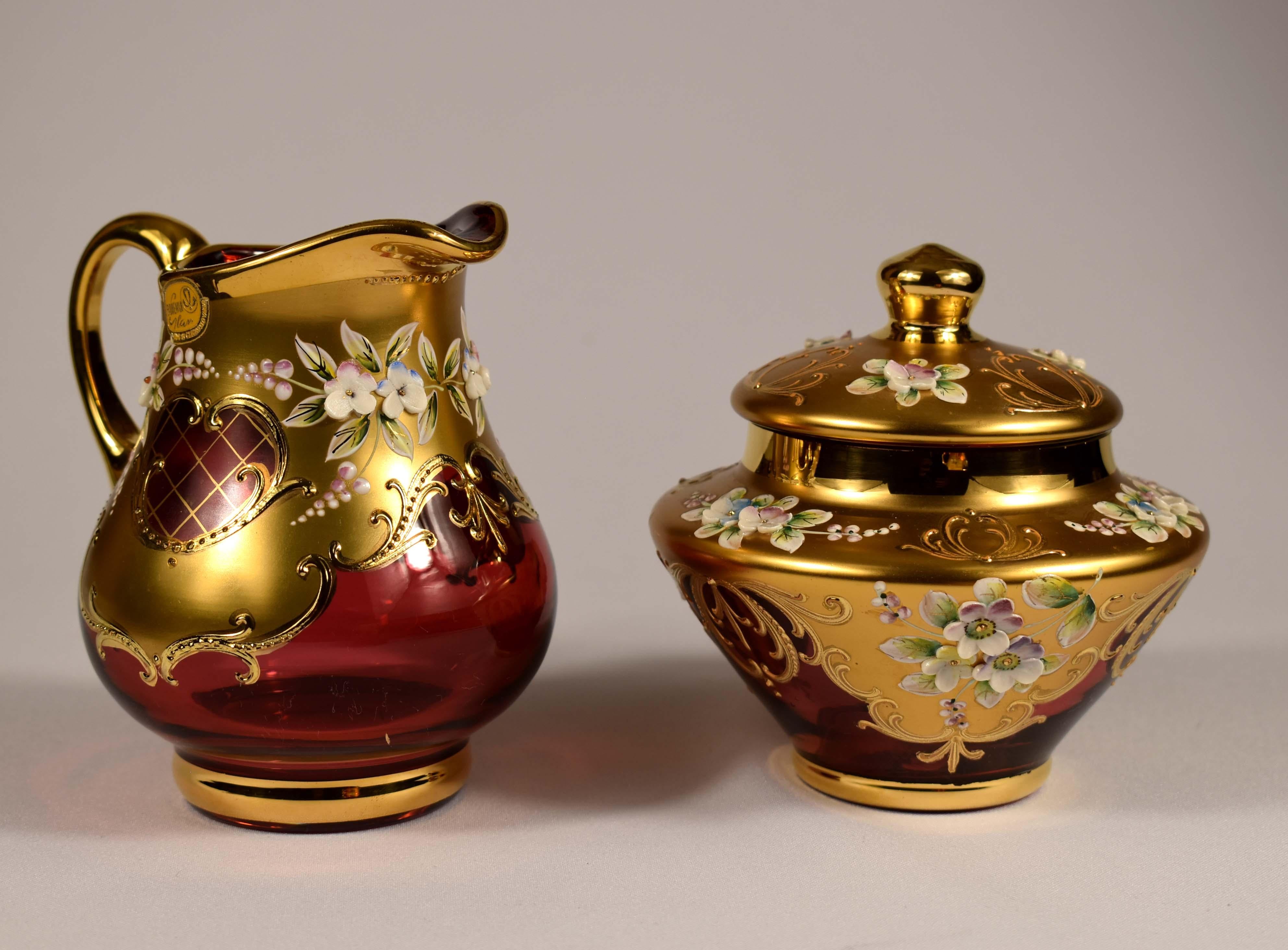 Tea set-Original-Ruby glass-Painting- High Enamel-Gilded-Crystalex  20th century For Sale 2