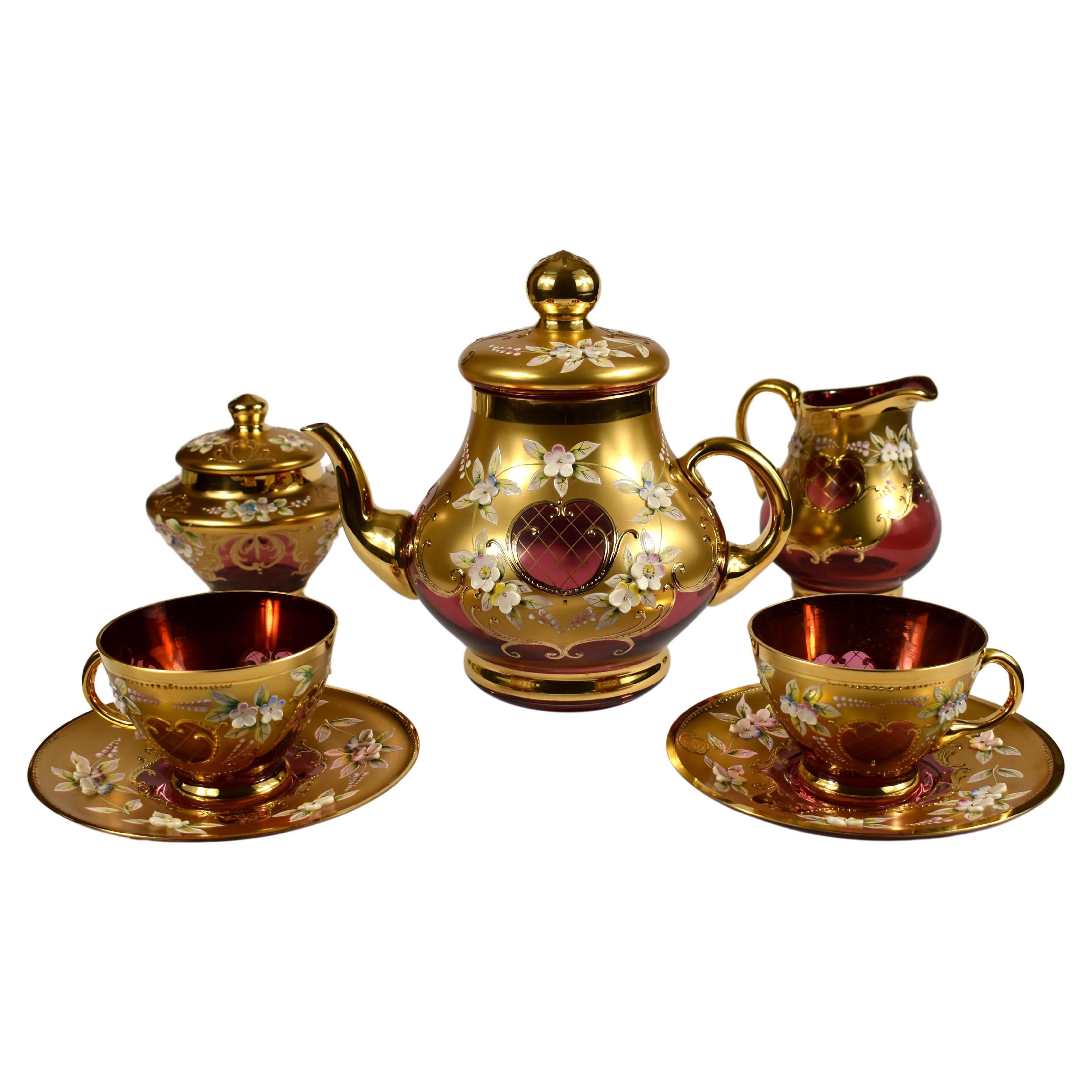 Tea set-Original-Ruby glass-Painting- High Enamel-Gilded-Crystalex  20th century For Sale