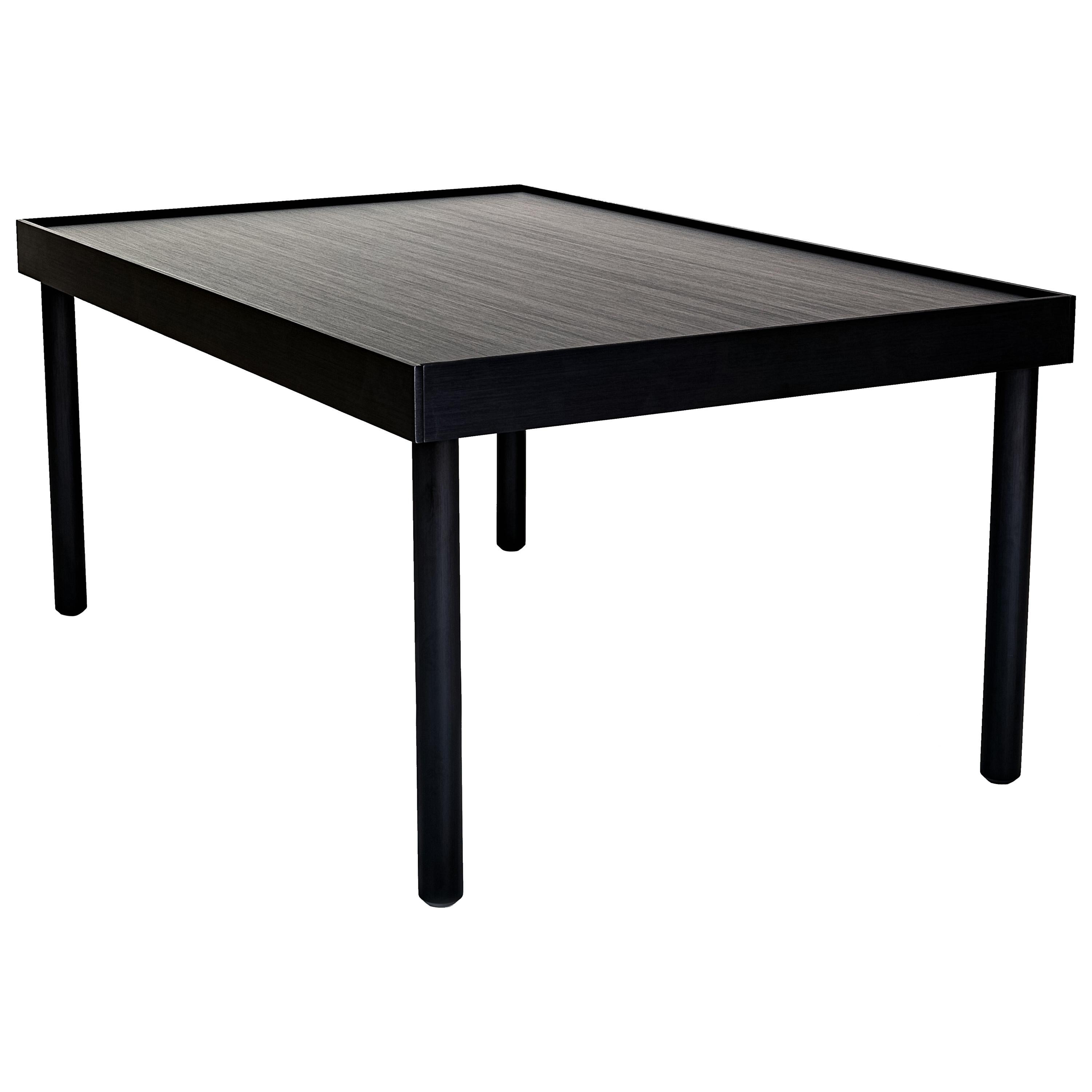 Tea table in brushed and anodized aluminum plate and CNC milled bar. Made of milled 3/8 inch thick aluminum plate with 1 and 1/4 inch diameter CNC-cut aluminum legs that screw into tapped blind holes to the underside of the top surface. These legs