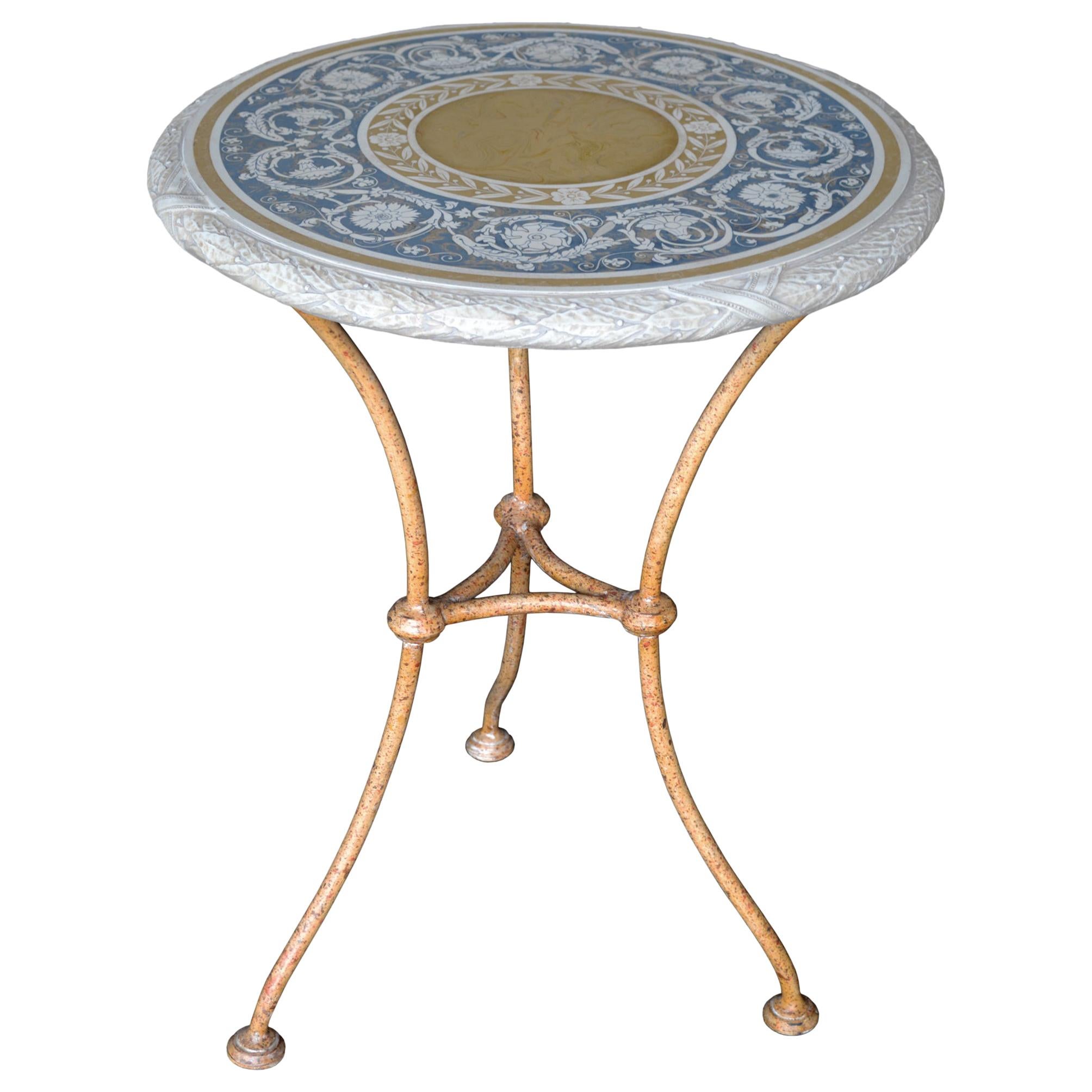 Side table scagliola inlaid top iron base handmade in Italy by Cupioli available For Sale