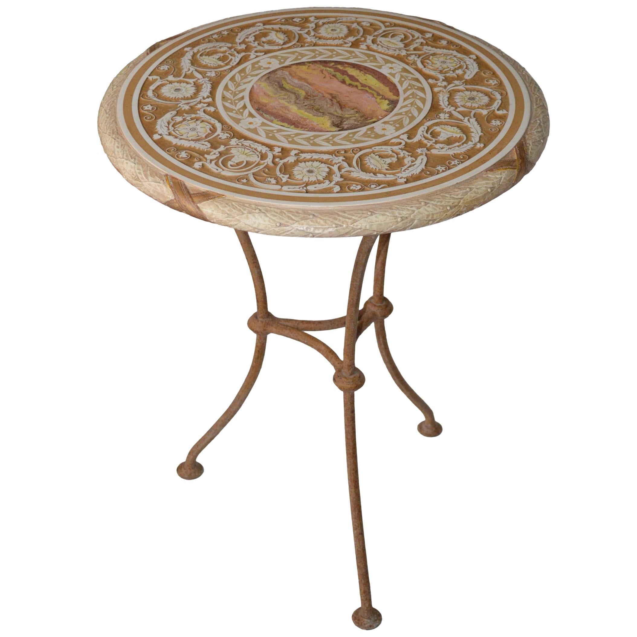 Round gueridon table handmade Scagliola Art Bas-Relief decoration  Iron Base