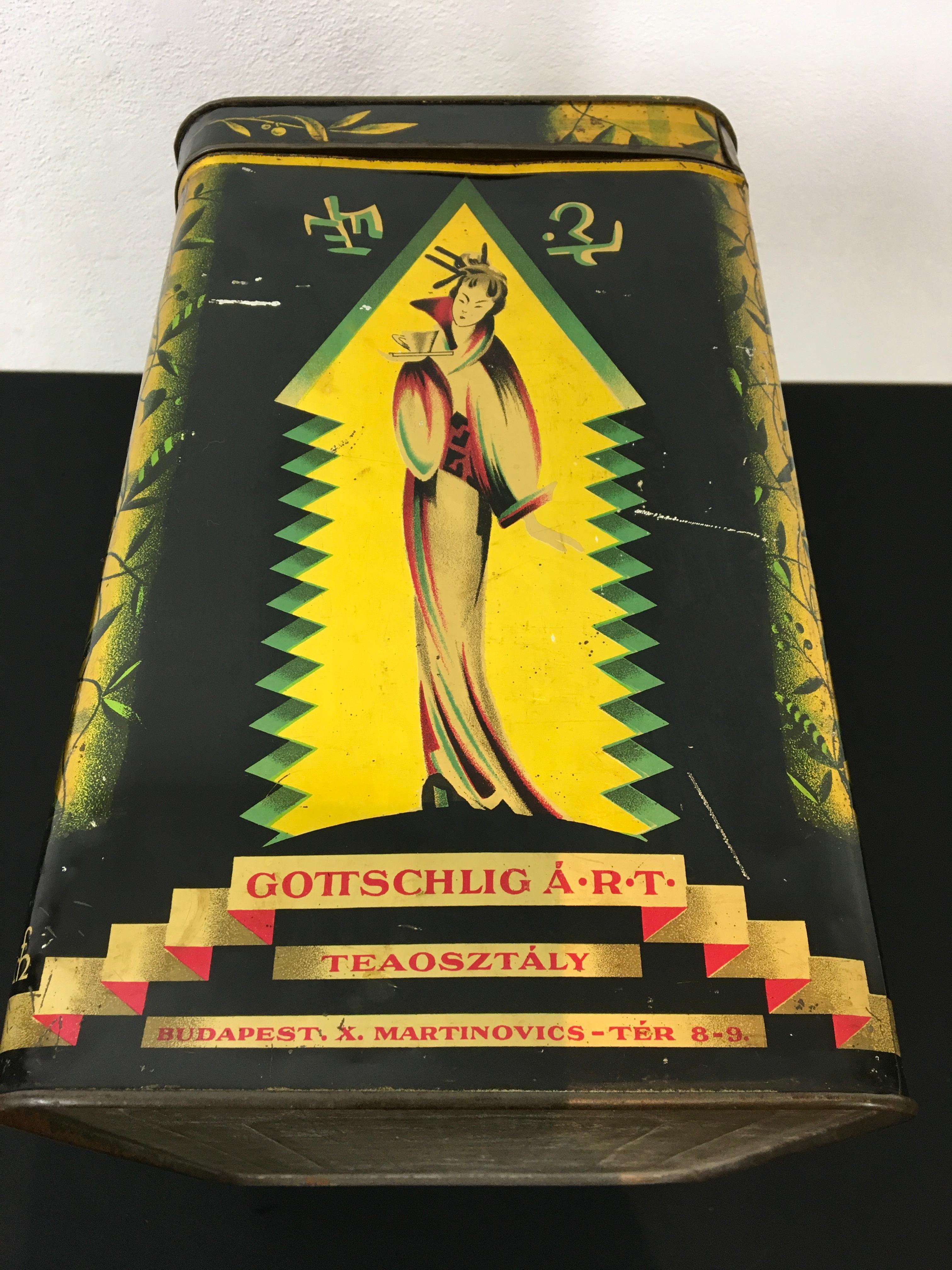 Tea Tin with Geisha, Gottschlig Agoston R.T, Budapest, Early 20th C, Asian Style For Sale 7