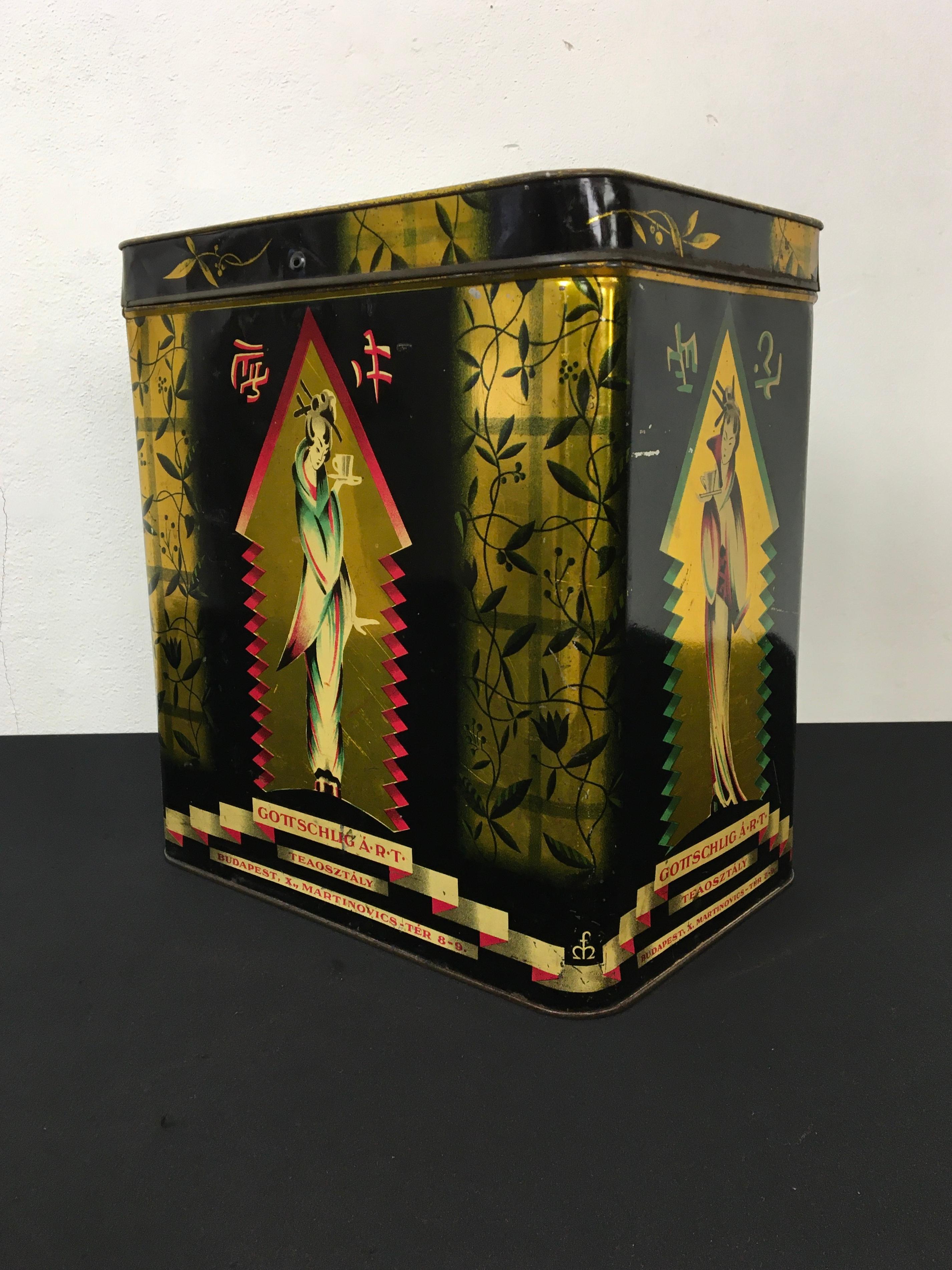 Tea Tin with Geisha, Gottschlig Agoston R.T, Budapest, Early 20th C, Asian Style In Good Condition For Sale In Antwerp, BE