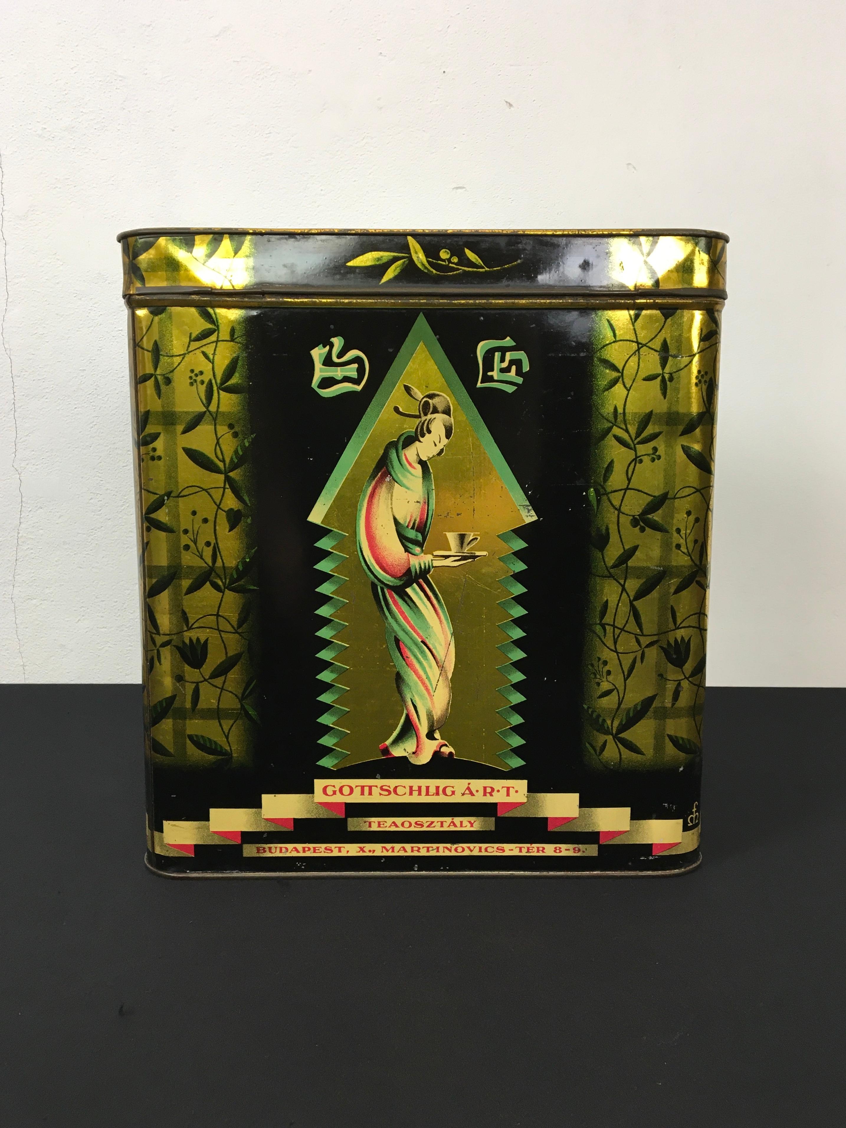 Métal Boite à thé avec Geisha, Gottschlig Agoston R.T., Budapest, début du 20ème siècle, Asian Style en vente