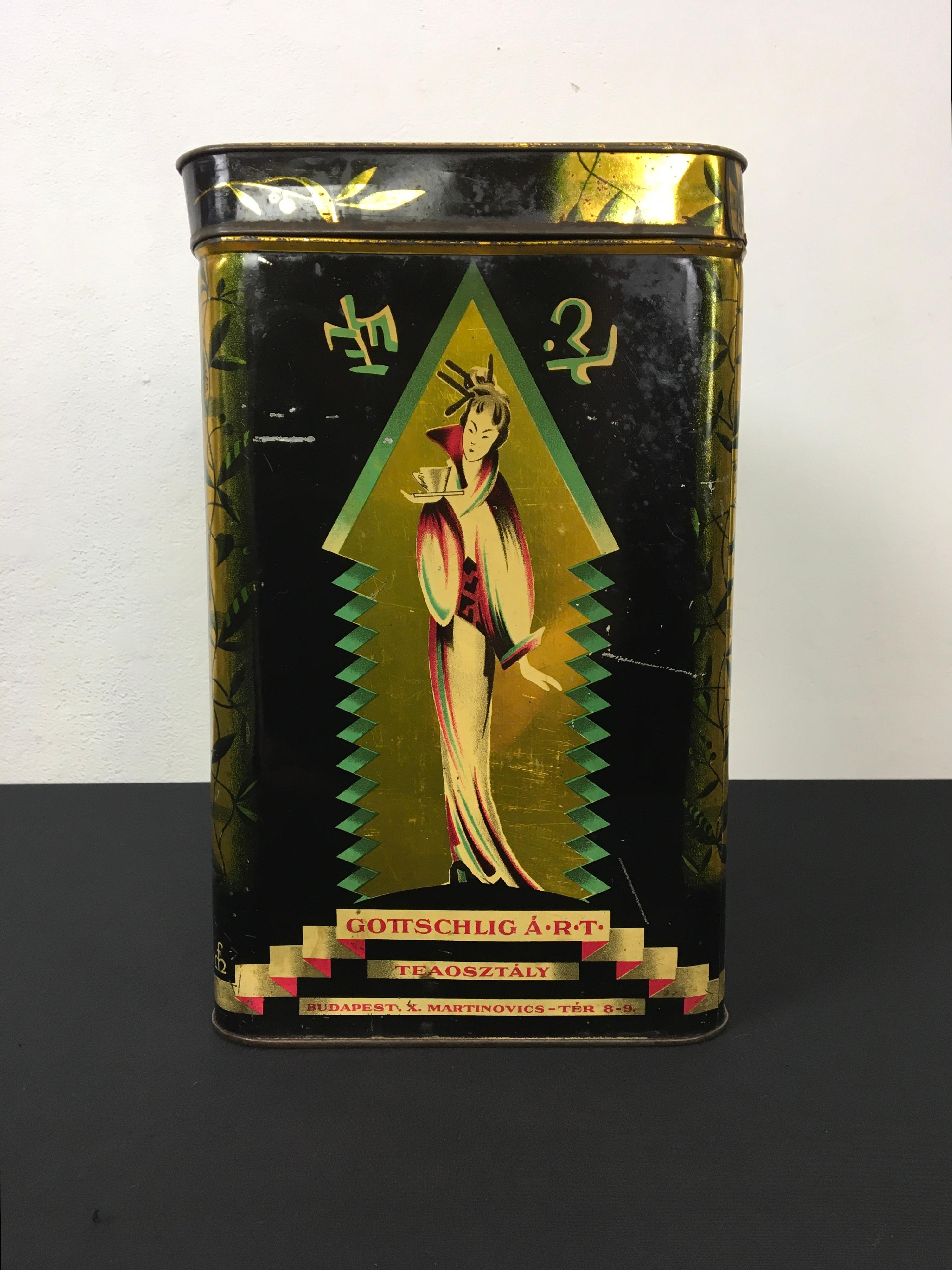Metal Tea Tin with Geisha, Gottschlig Agoston R.T, Budapest, Early 20th C, Asian Style For Sale