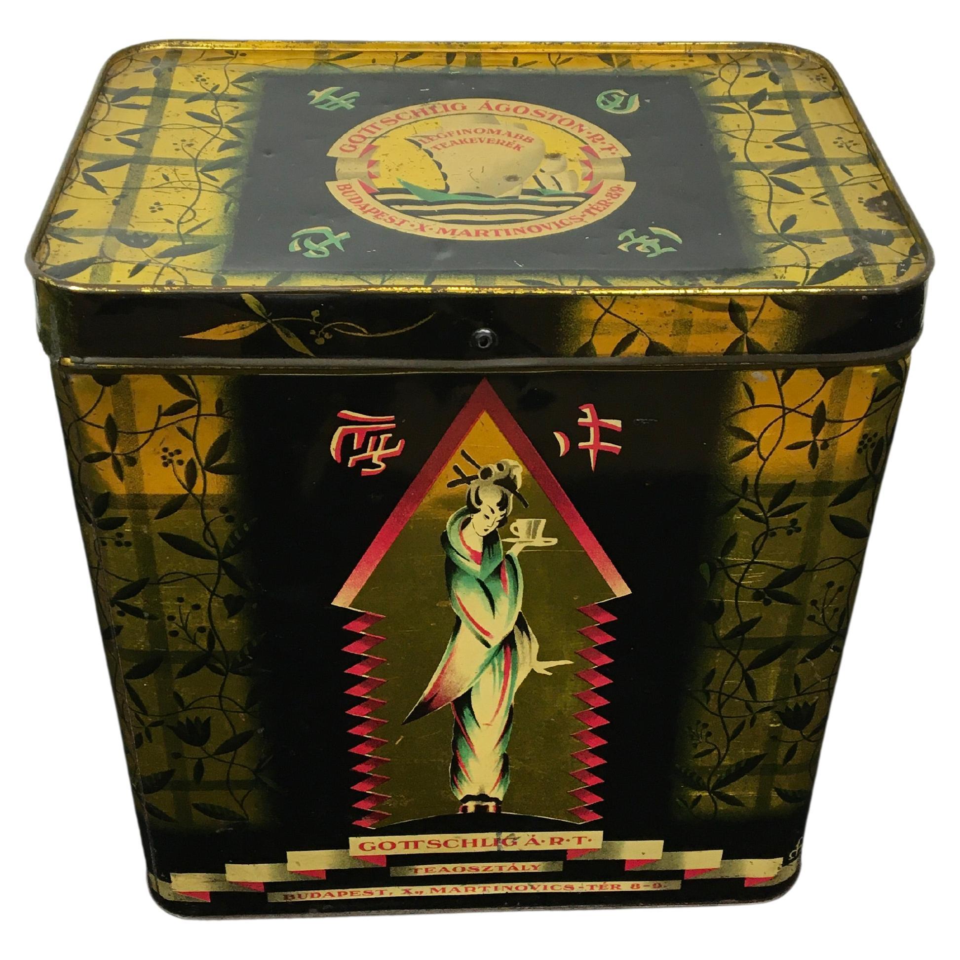 Tea Tin with Geisha, Gottschlig Agoston R.T, Budapest, Early 20th C, Asian Style For Sale