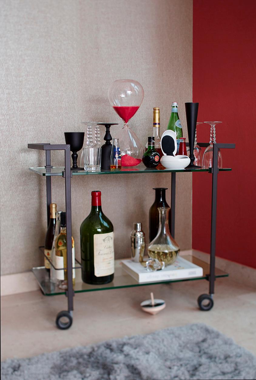 Polished Minimalist 'Doris' T63S Tea Trolley in Stainless Steel and Tempered Glass