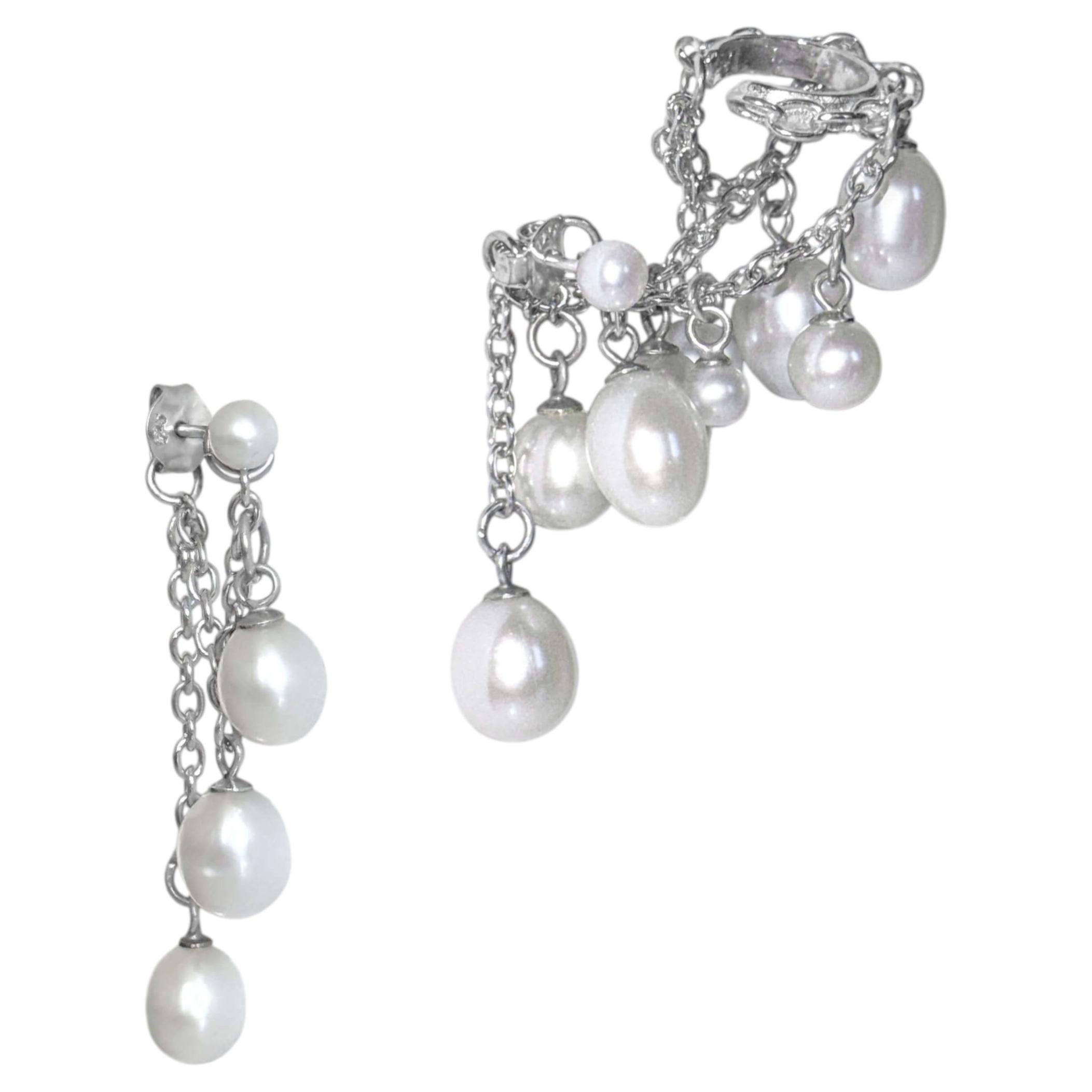 Teaa Ear Set in Rhodium Plated 925 Sterling Silver & Freshwater Pearls by O Sh