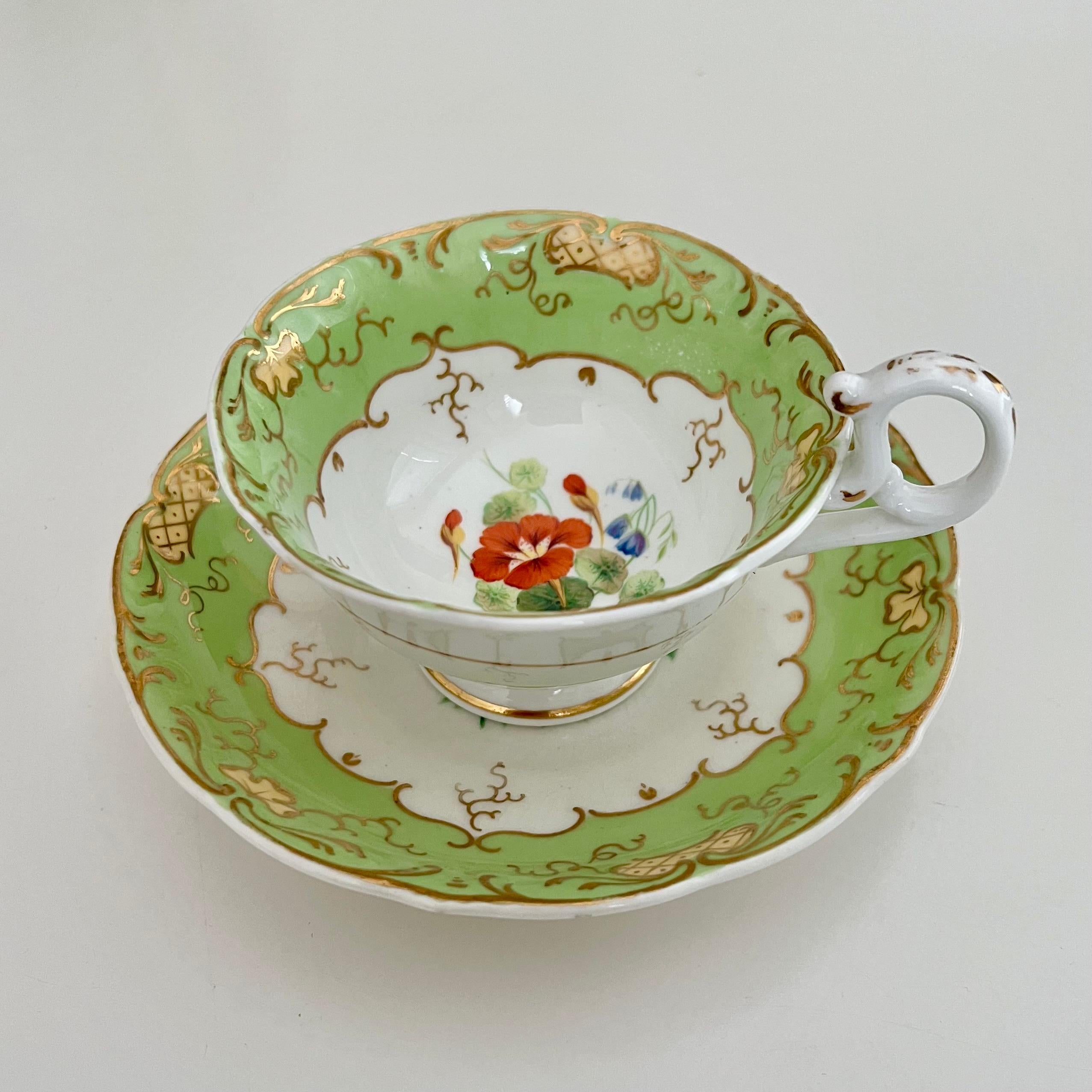 English Teacup H&R Daniel, Apple Green with Red Flowers, Rococo Revival, circa 1840