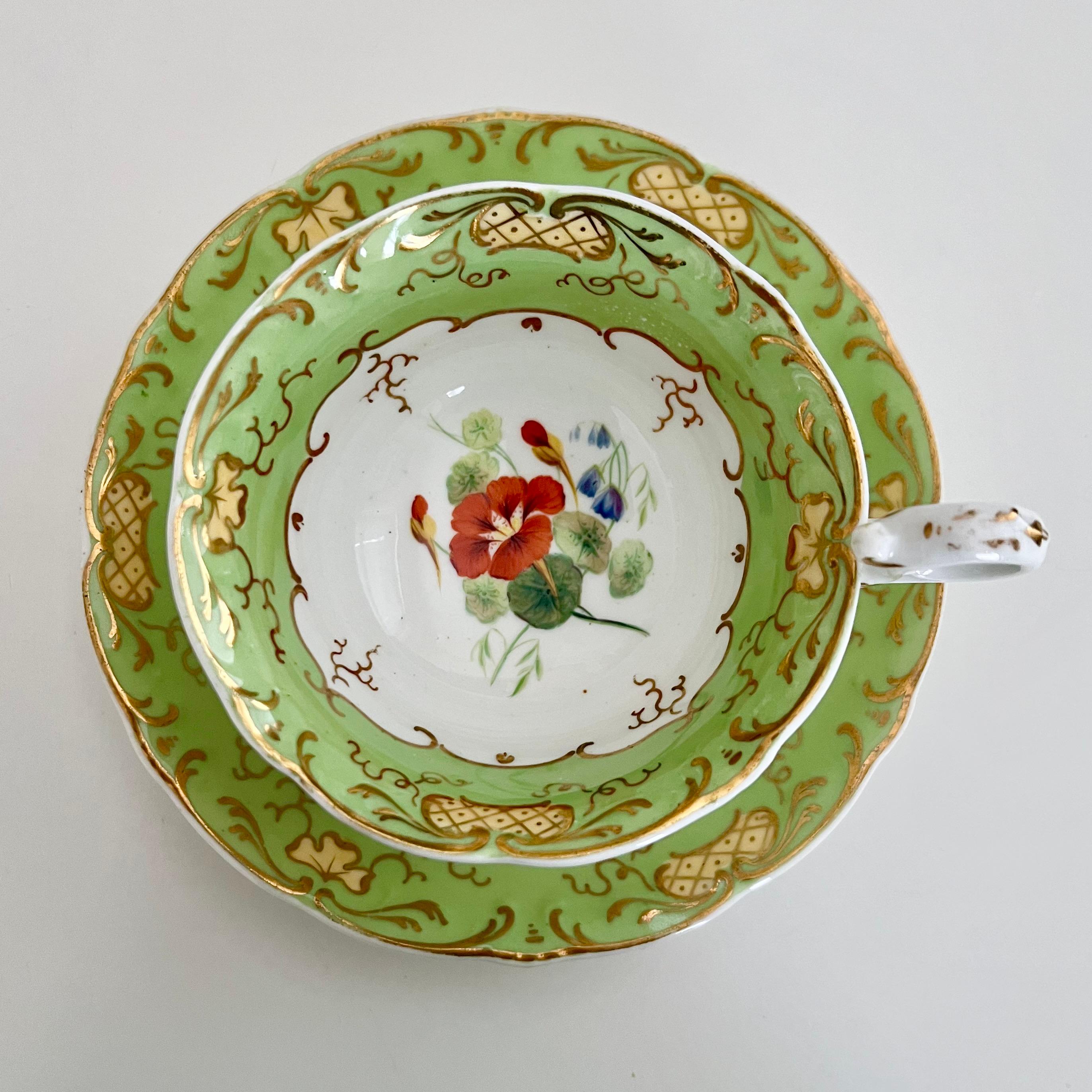 Hand-Painted Teacup H&R Daniel, Apple Green with Red Flowers, Rococo Revival, circa 1840