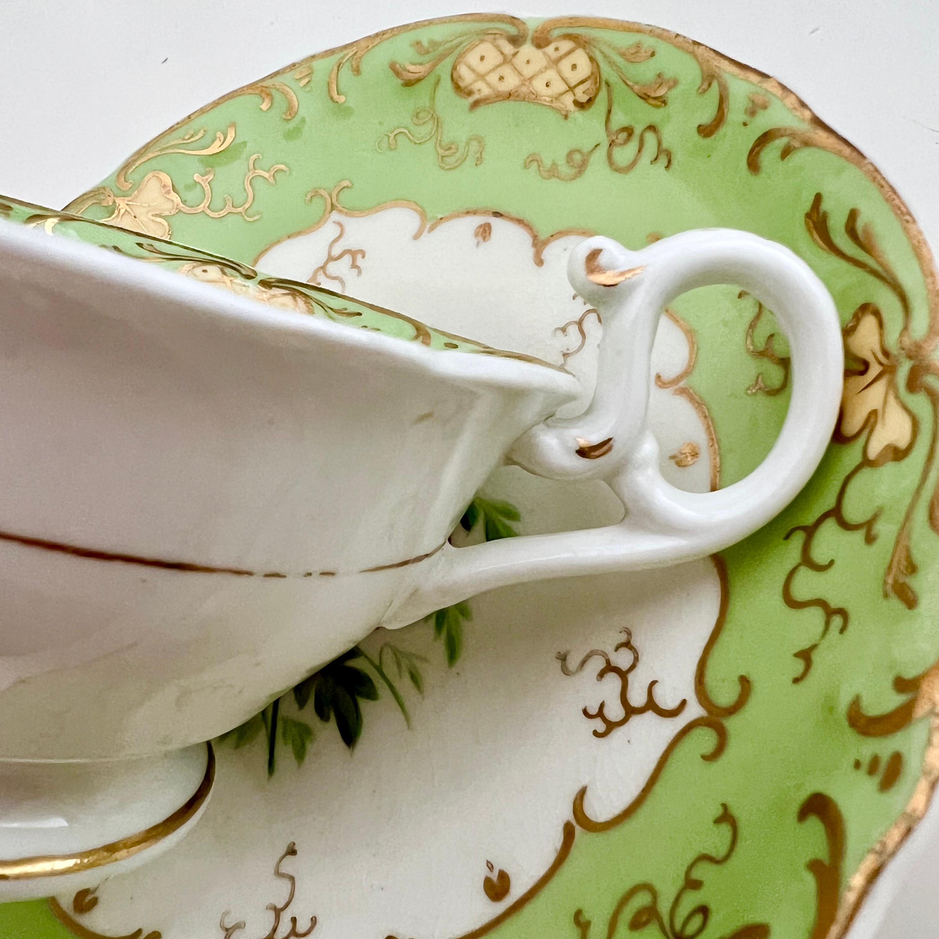 Porcelain Teacup H&R Daniel, Apple Green with Red Flowers, Rococo Revival, circa 1840