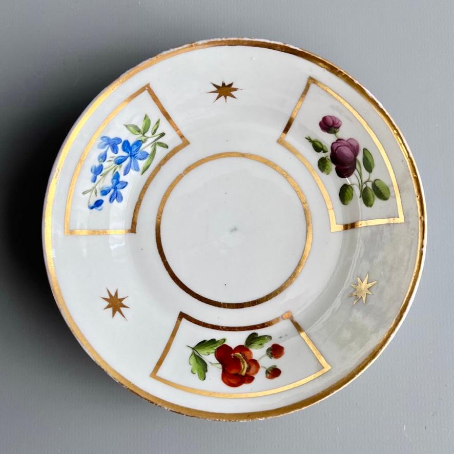 English Teacup Trio Coalport John Rose, Flowers in Gilt Squares and Stars, ca 1800 For Sale