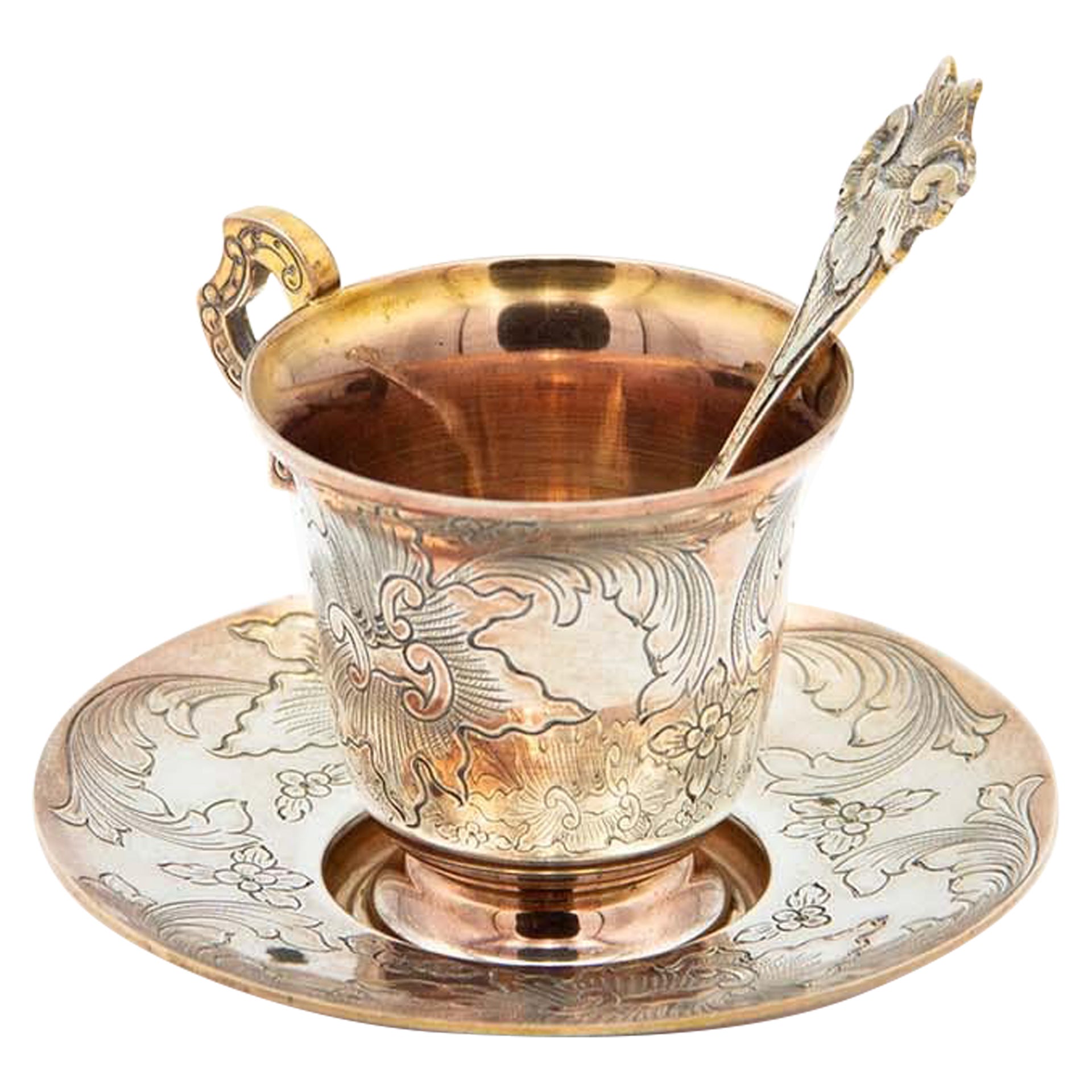 Teacup with saucer and spoon in gilded silver with engraved plant motifs