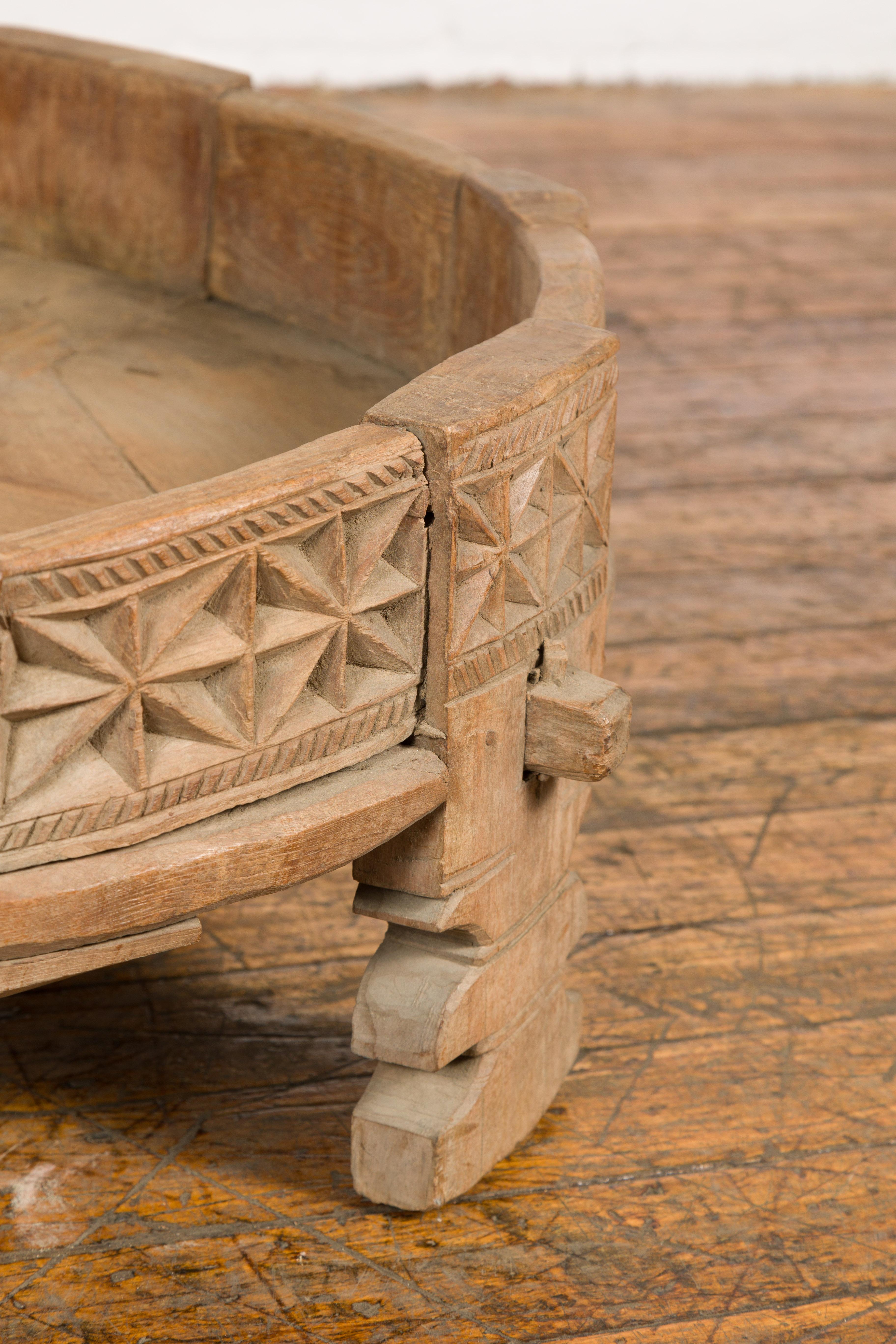 Teak 1920s Indian Chakki Grinding Table with Hand Carved Geometric Décor For Sale 2