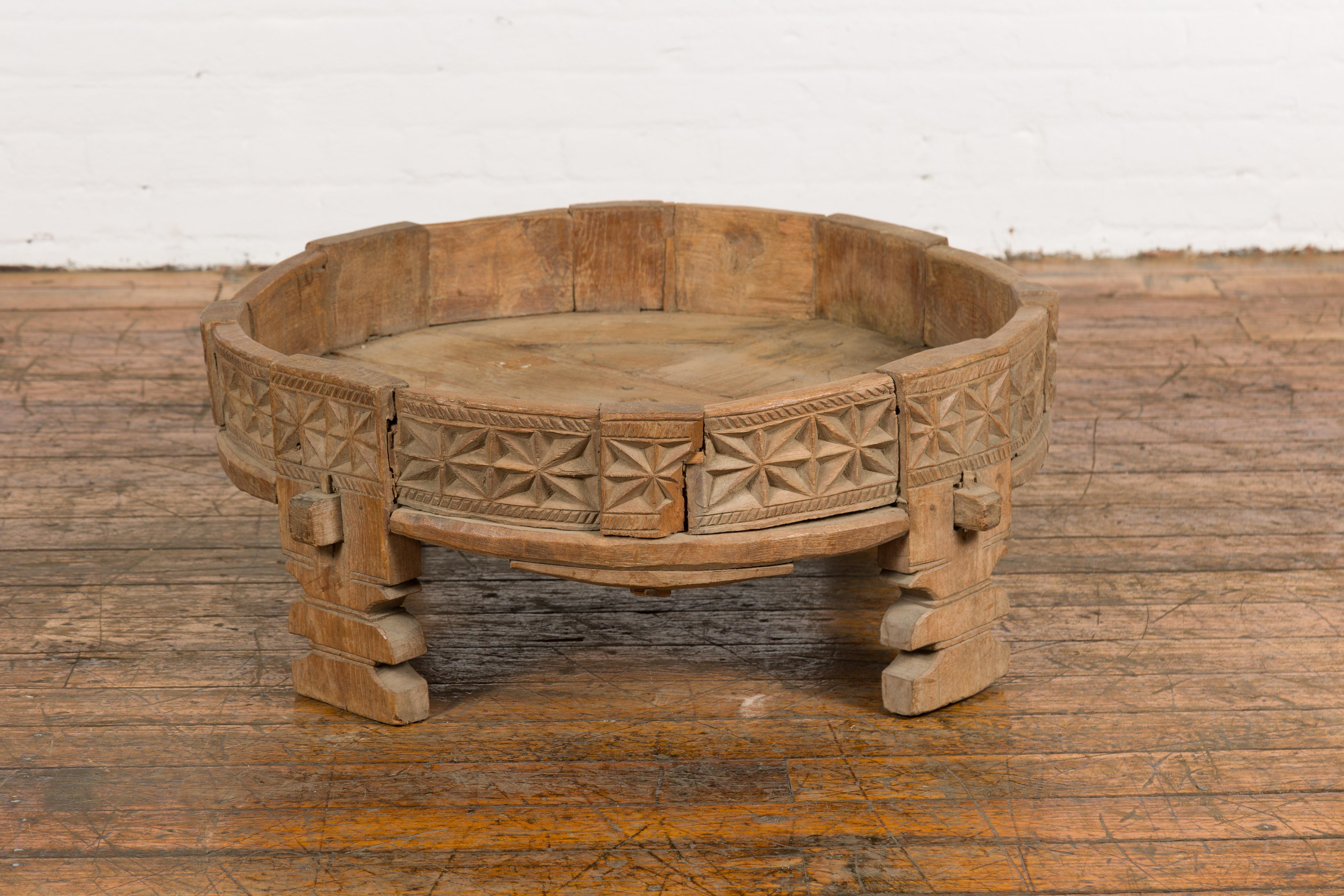 Teak 1920s Indian Chakki Grinding Table with Hand Carved Geometric Décor For Sale 3