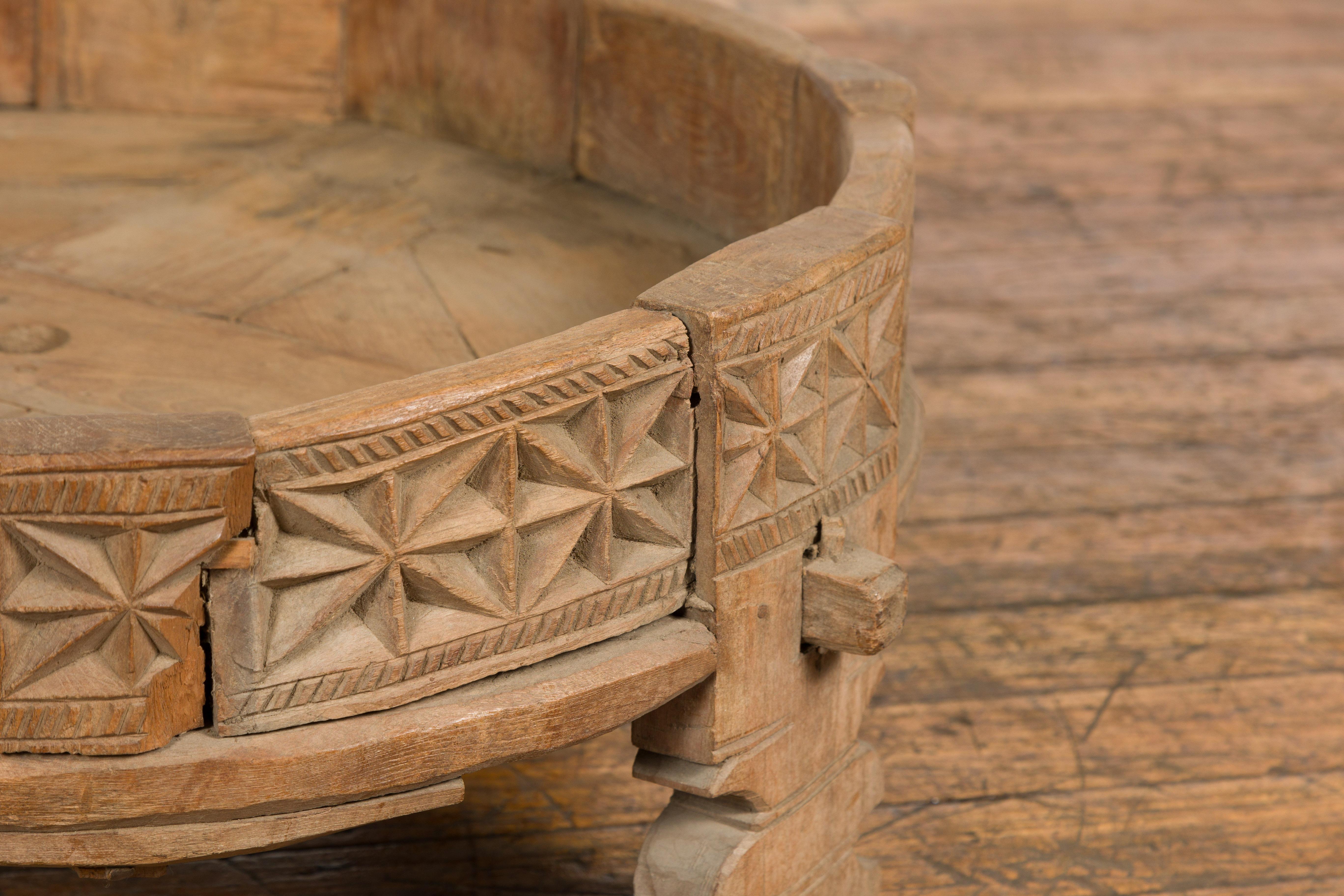 Teak 1920s Indian Chakki Grinding Table with Hand Carved Geometric Décor For Sale 5