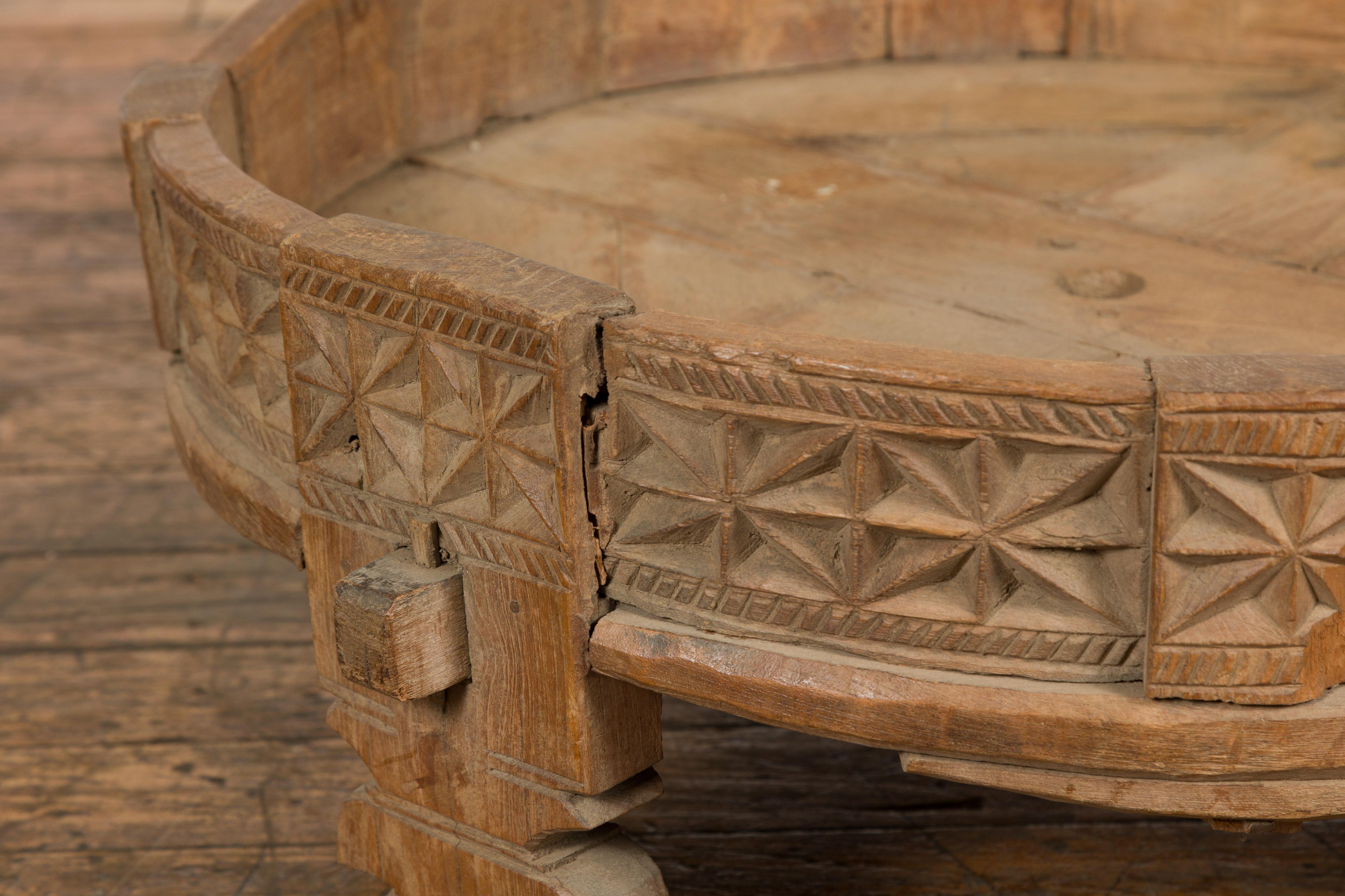 Teak 1920s Indian Chakki Grinding Table with Hand Carved Geometric Décor For Sale 6