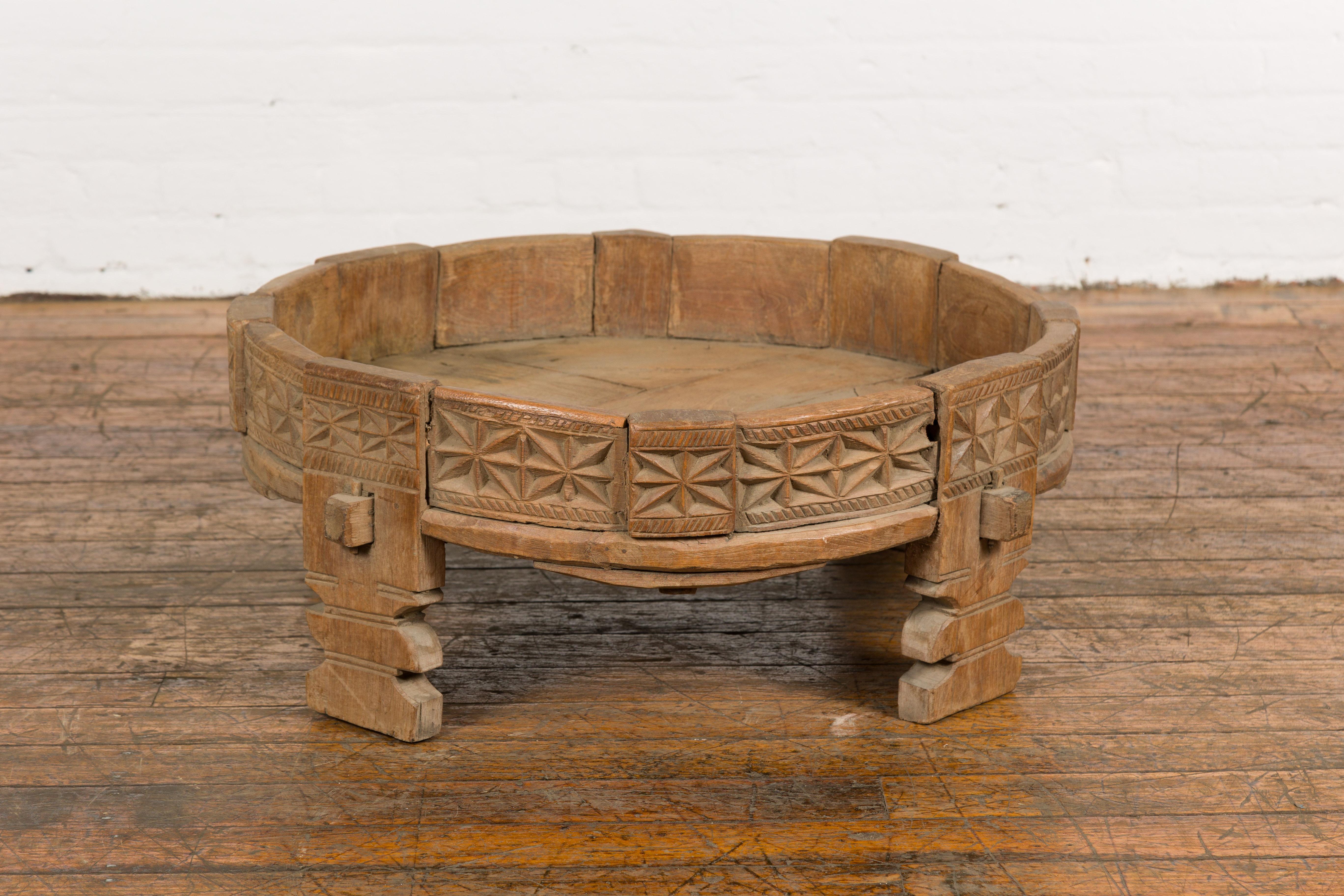 Teak 1920s Indian Chakki Grinding Table with Hand Carved Geometric Décor For Sale 7