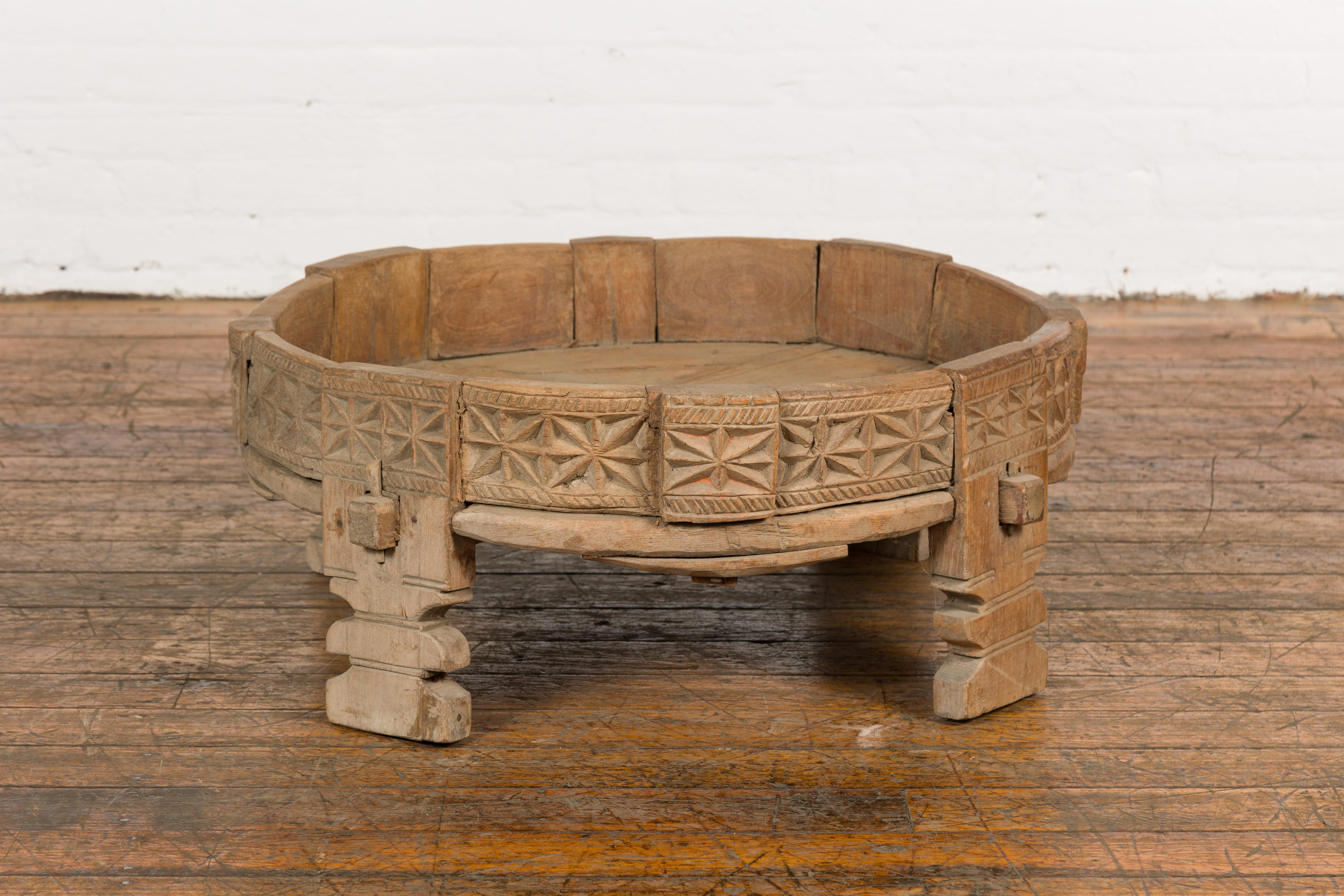 Teak 1920s Indian Chakki Grinding Table with Hand Carved Geometric Décor For Sale 8
