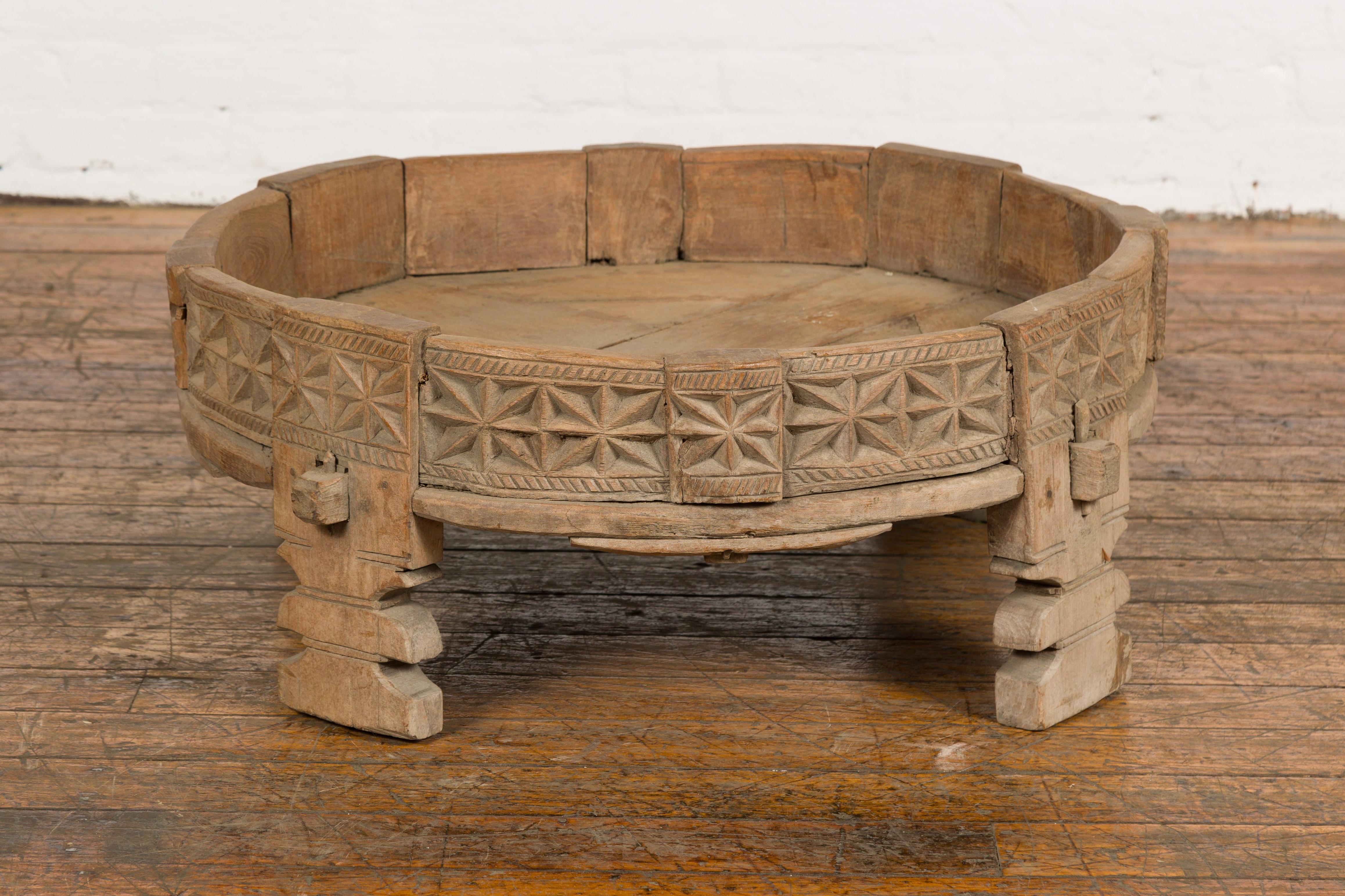 Teak 1920s Indian Chakki Grinding Table with Hand Carved Geometric Décor For Sale 9