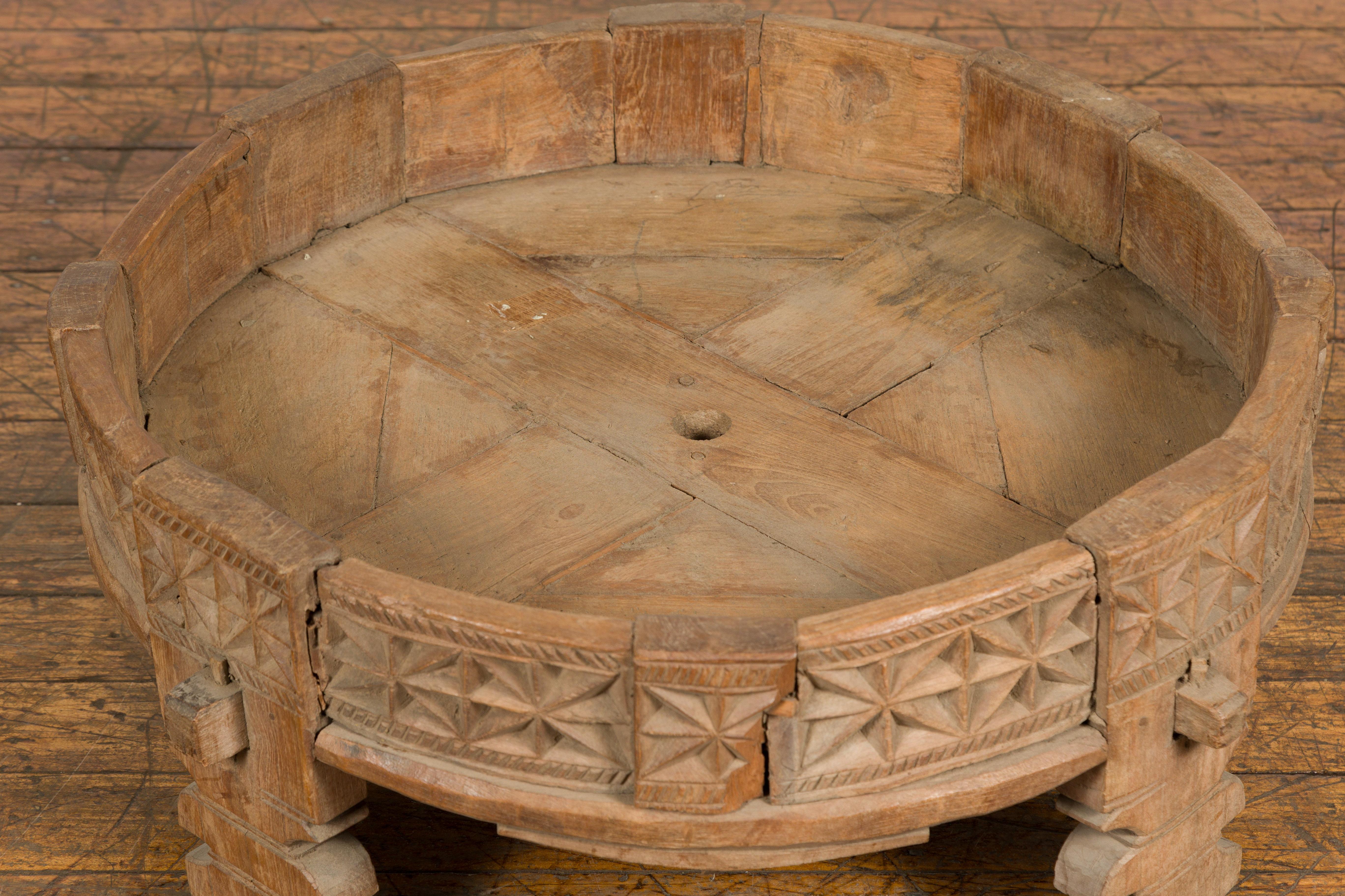 Teak 1920s Indian Chakki Grinding Table with Hand Carved Geometric Décor For Sale 11