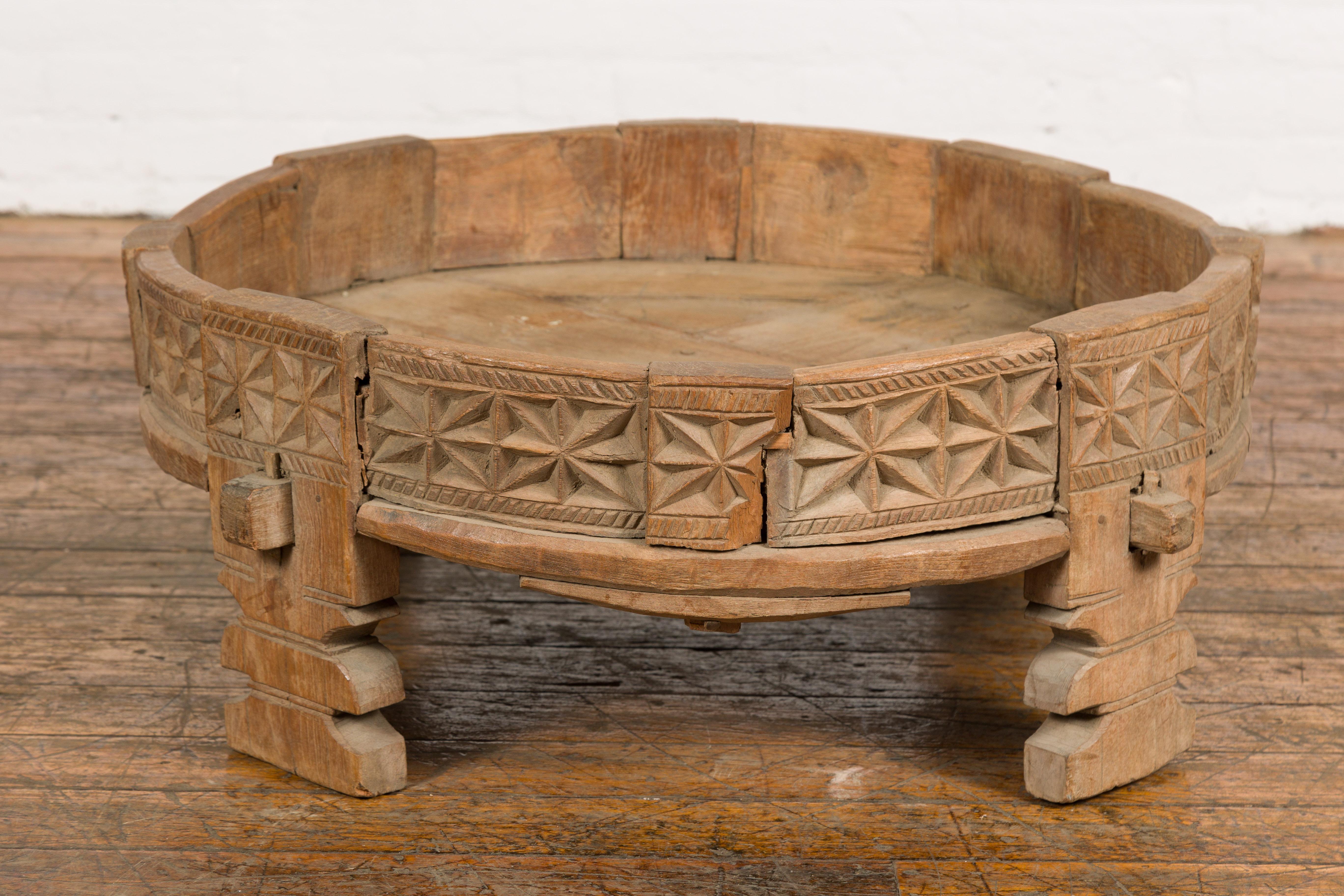 Tribal Teak 1920s Indian Chakki Grinding Table with Hand Carved Geometric Décor For Sale