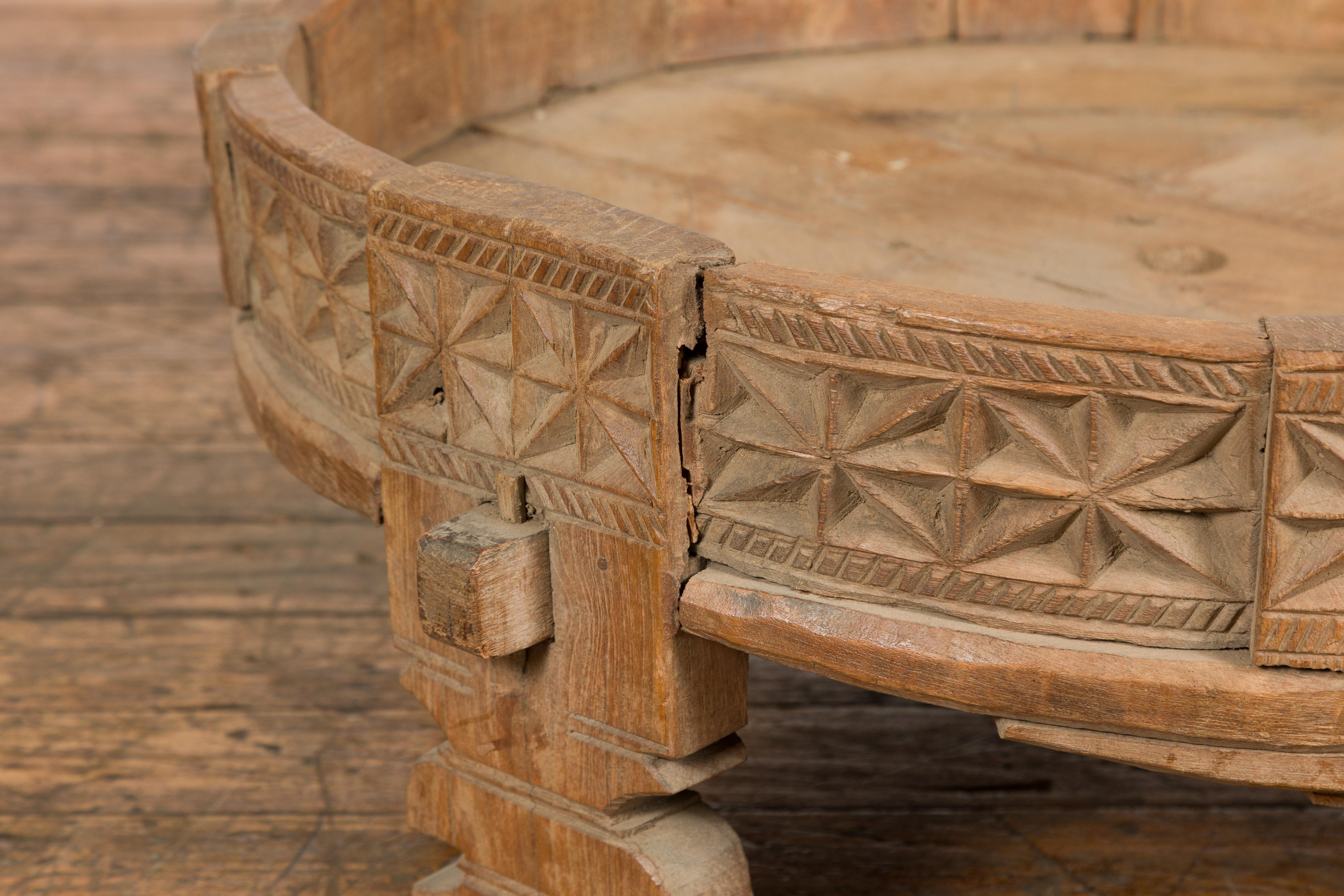 Hand-Carved Teak 1920s Indian Chakki Grinding Table with Hand Carved Geometric Décor For Sale