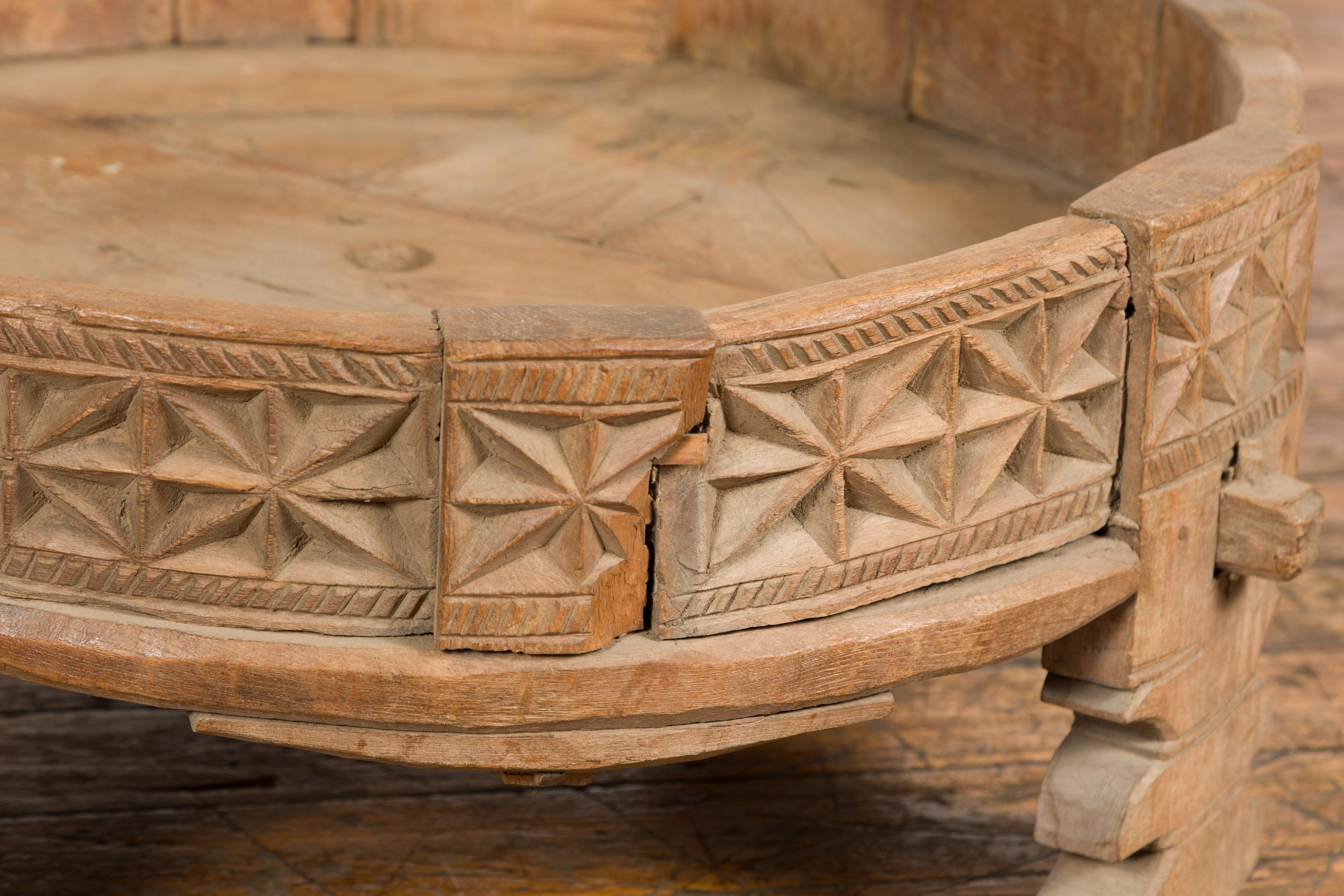 20th Century Teak 1920s Indian Chakki Grinding Table with Hand Carved Geometric Décor For Sale