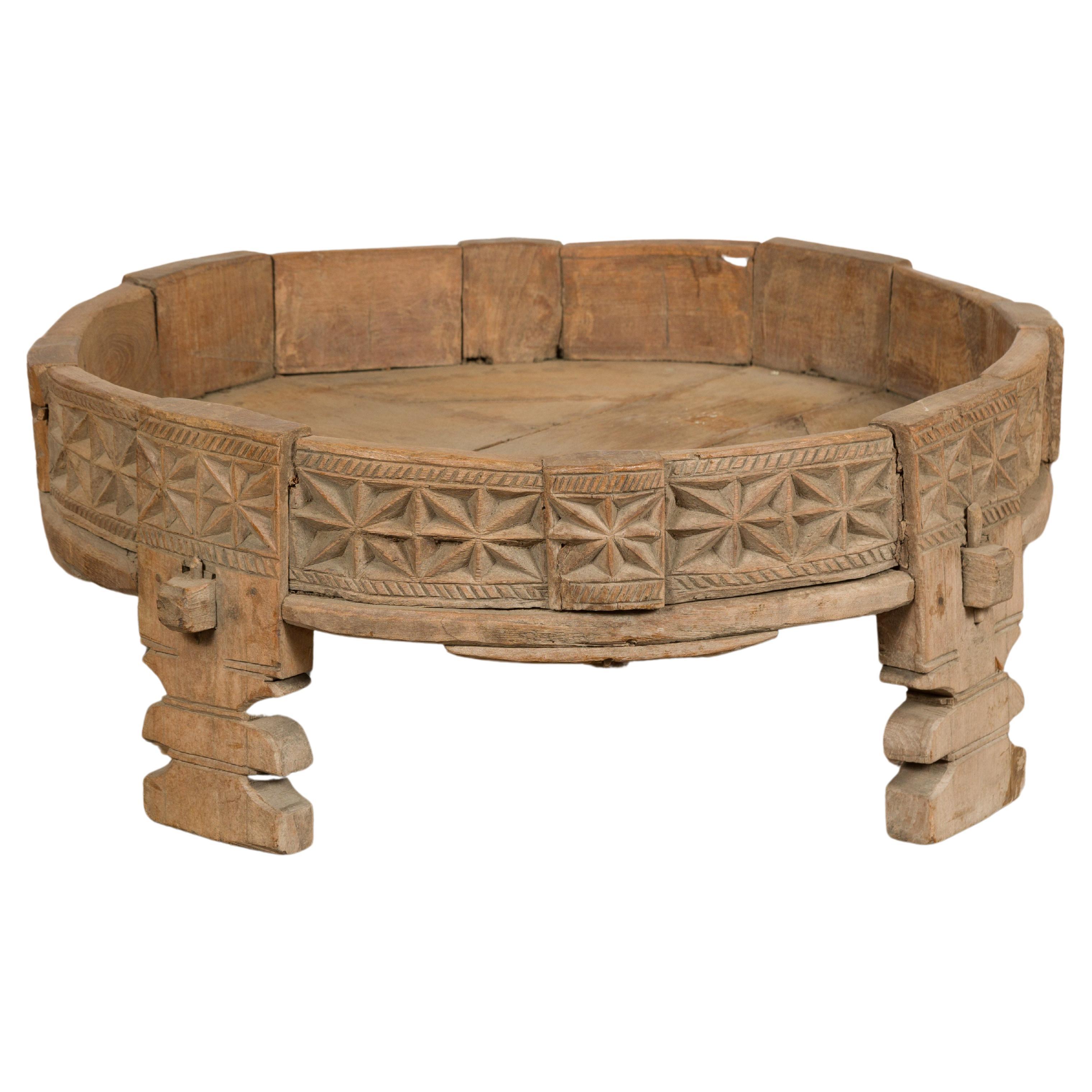 Teak 1920s Indian Chakki Grinding Table with Hand Carved Geometric Décor For Sale