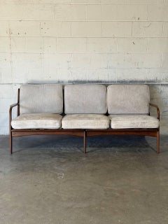 Teak 3-Seater Sofa with Spindle Back and Fabric Cushions Danish Vintage 1960s