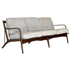 Teak 3-Seater Sofa with Spindle Back and Fabric Cushions Danish Vintage 1960s