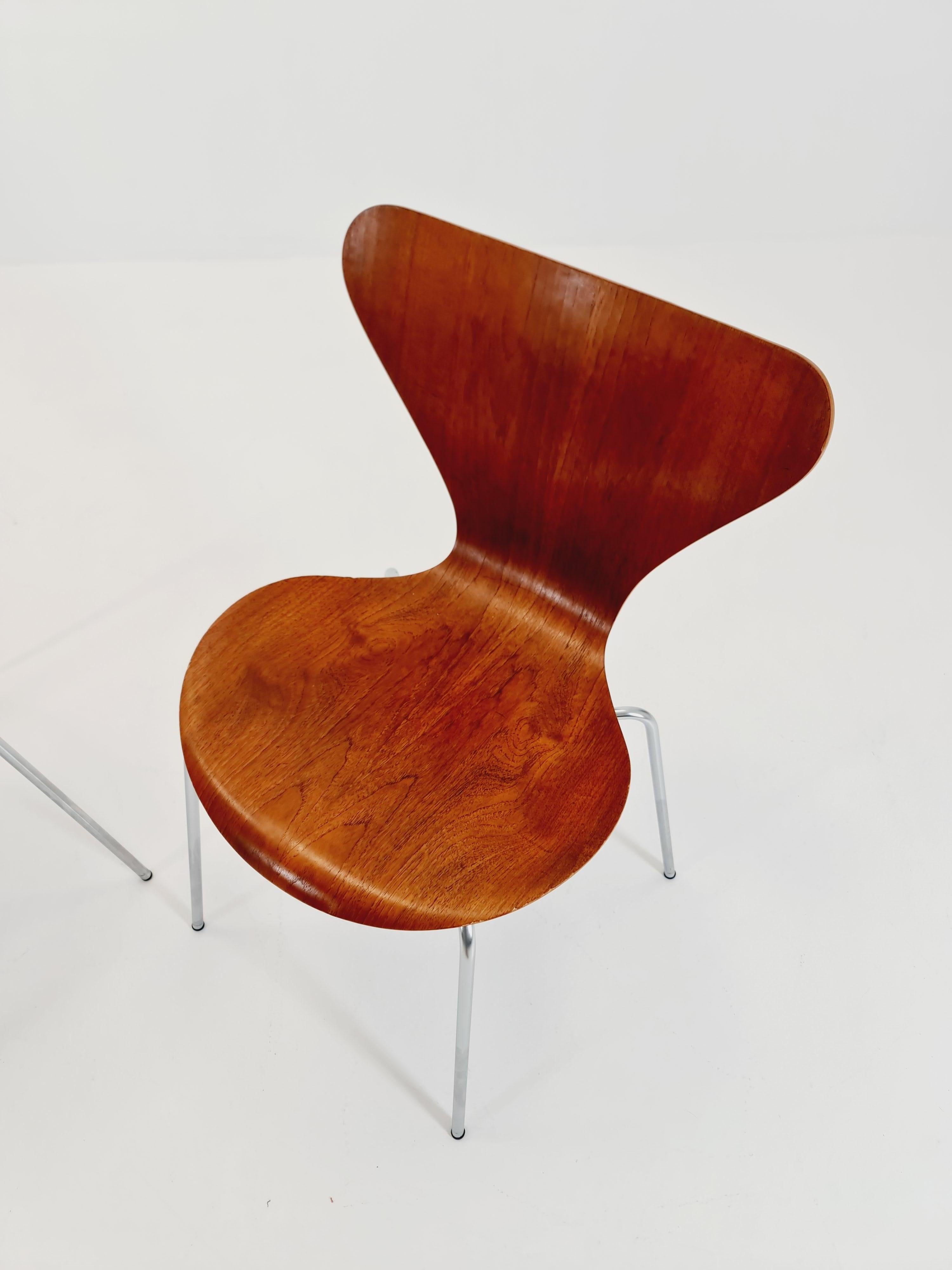 Metal Teak 3107 Dining Chairs by Arne Jacobsen for Fritz Hansen, 1960s, Set of 2