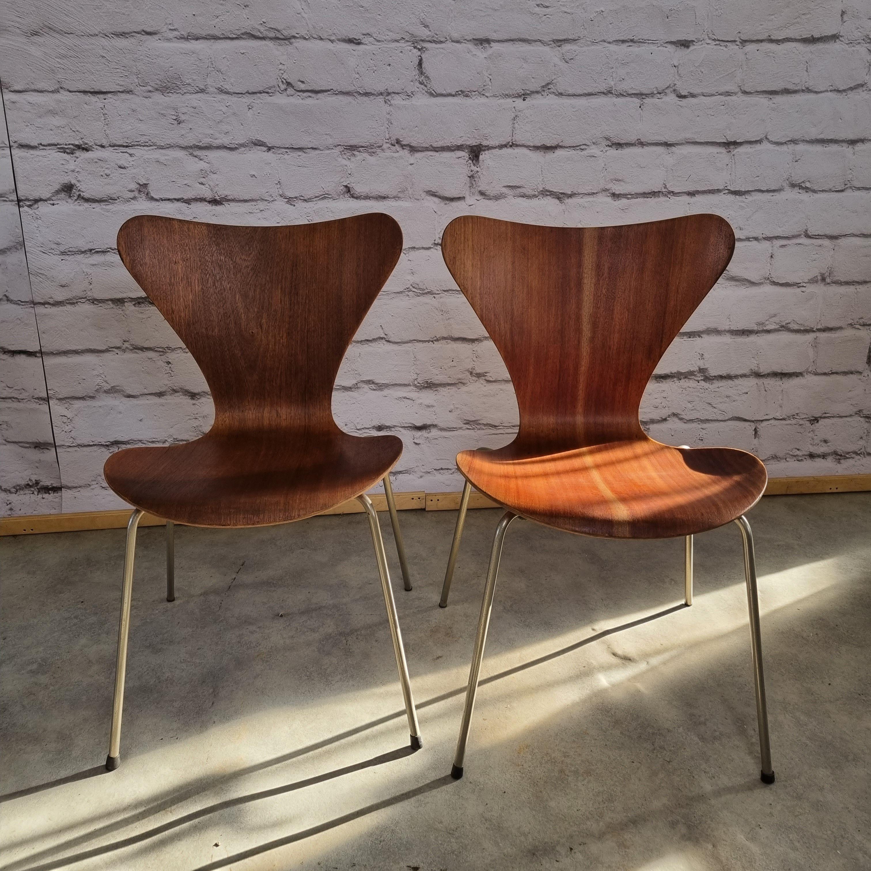 3107 chairs designed by Arne Jacobsen for Fritz Hansen, teak veneer. This chair is also called the butterfly chair due to this unique shape. The chair has been refurbished and oiled. Iconic item!