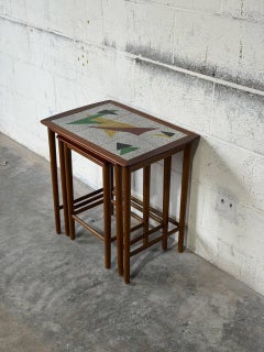 Teak Abstract Mosaic Tile Top Nesting Tables Set of 3 Mid-Century Modern 1960s