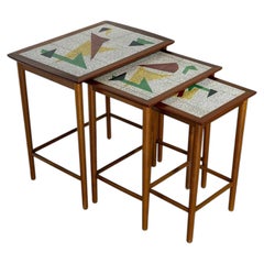 Teak Abstract Mosaic Tile Top Nesting Tables Set of 3 Mid-Century Modern 1960s
