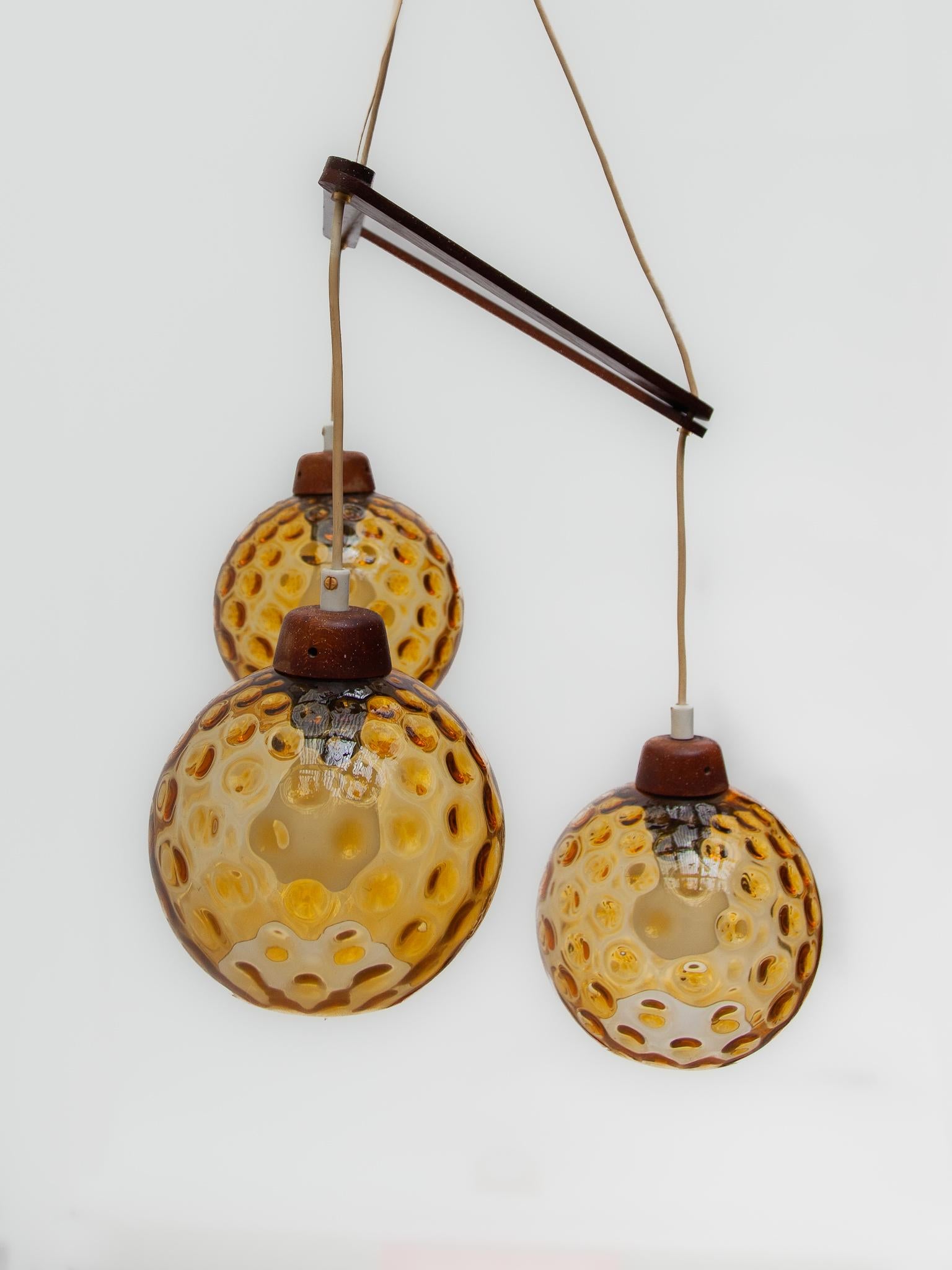  Teak and Amber Glass Bowls Cascade Chandelier made in Denmark 1950s For Sale 3