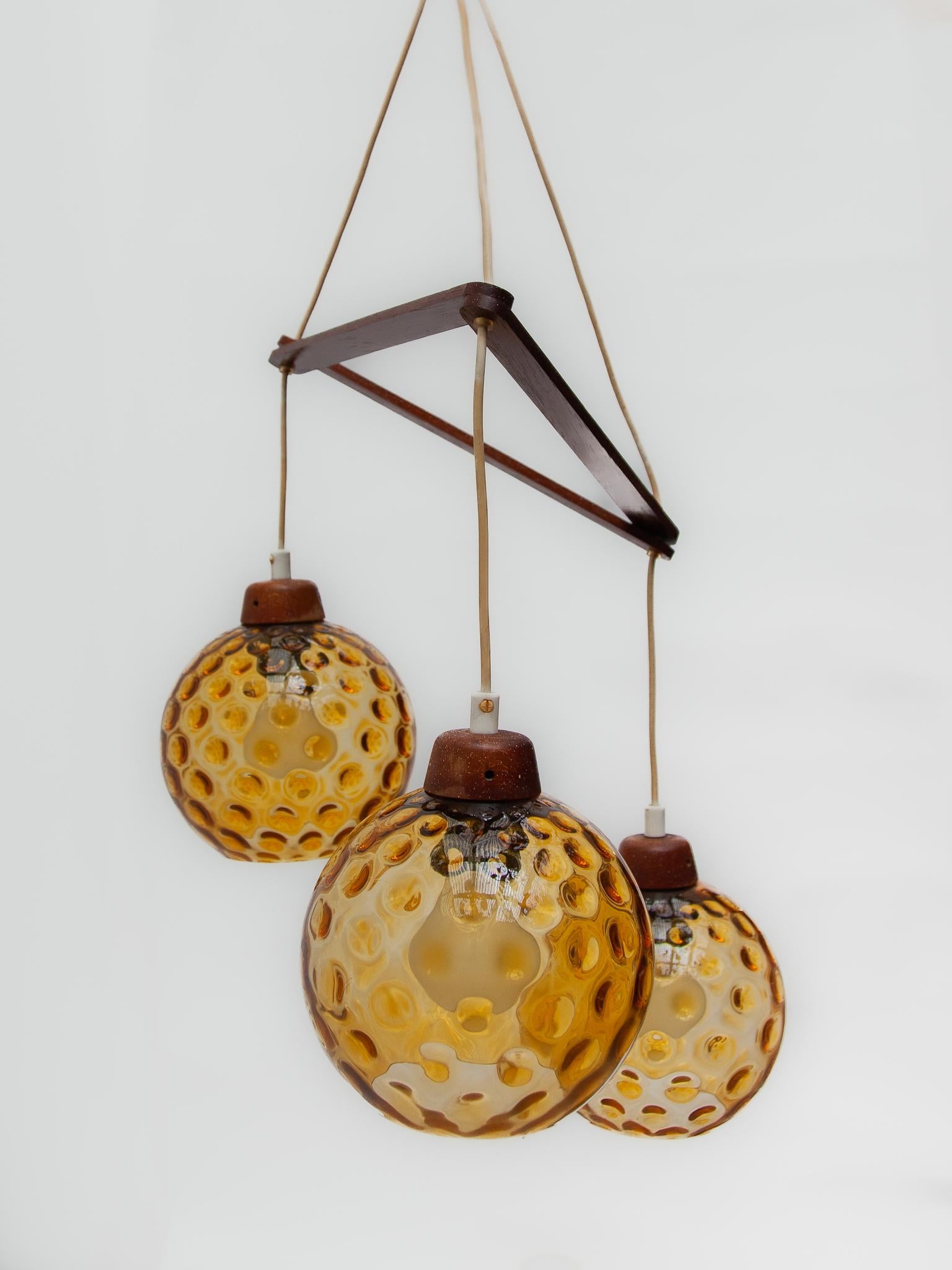  Teak and Amber Glass Bowls Cascade Chandelier made in Denmark 1950s For Sale 4