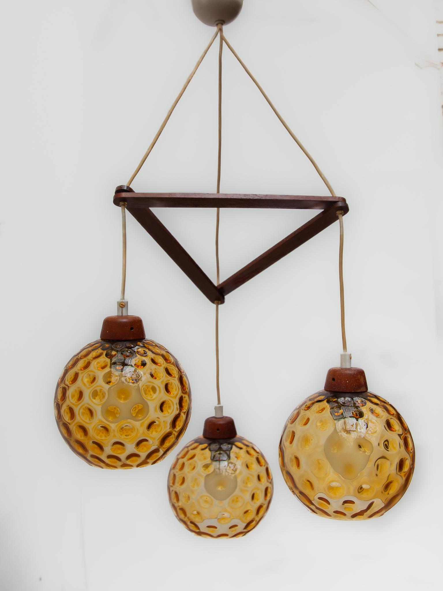  Teak and Amber Glass Bowls Cascade Chandelier made in Denmark 1950s For Sale 5