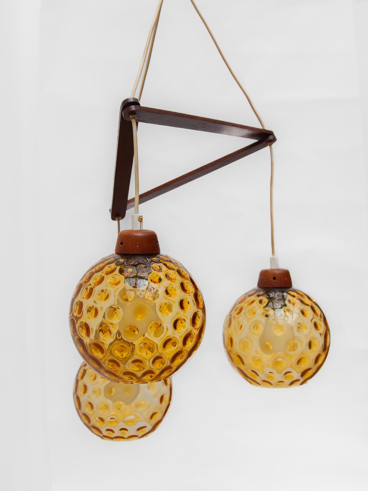 Art Glass  Teak and Amber Glass Bowls Cascade Chandelier made in Denmark 1950s For Sale