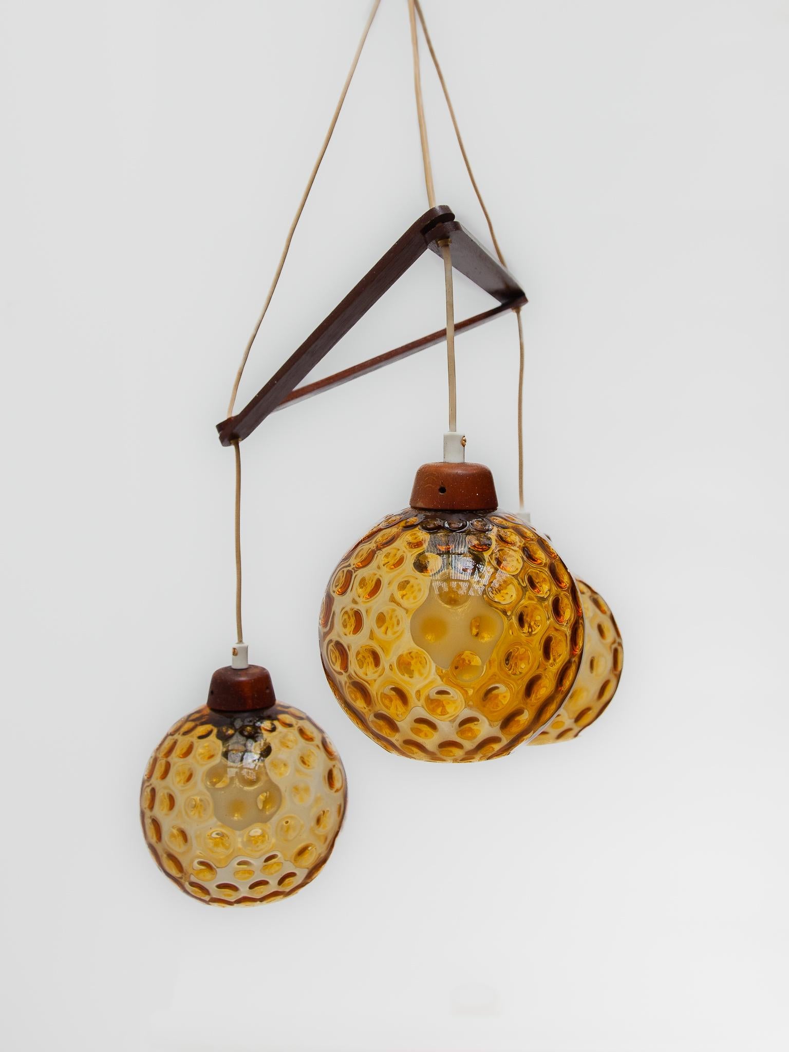  Teak and Amber Glass Bowls Cascade Chandelier made in Denmark 1950s For Sale 1