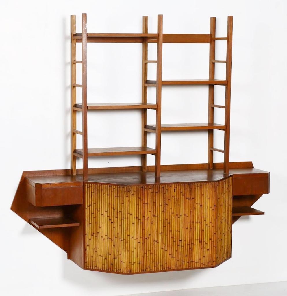 Italian Mid-Century Modern Teak and Bamboo Desk Wall Unit Attributed to Osvaldo Borsani For Sale