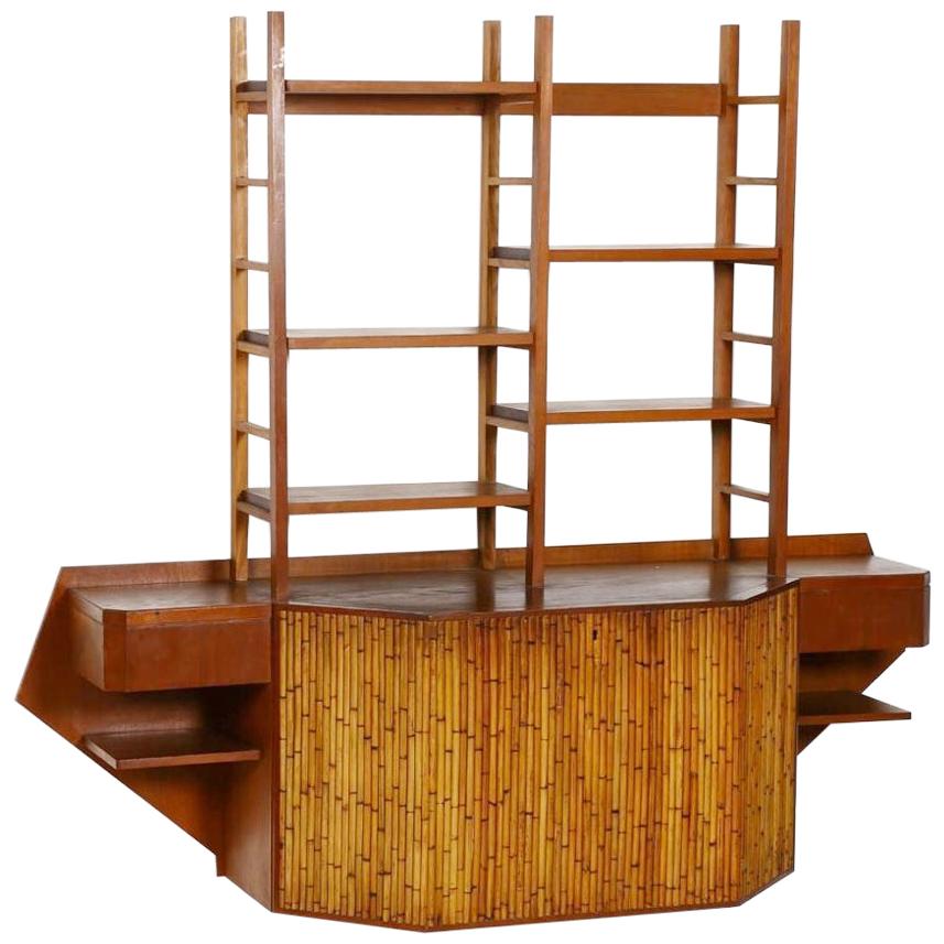 Mid-Century Modern Teak and Bamboo Desk Wall Unit Attributed to Osvaldo Borsani