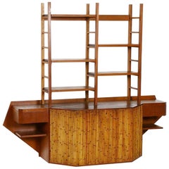 Retro Mid-Century Modern Teak and Bamboo Desk Wall Unit Attributed to Osvaldo Borsani