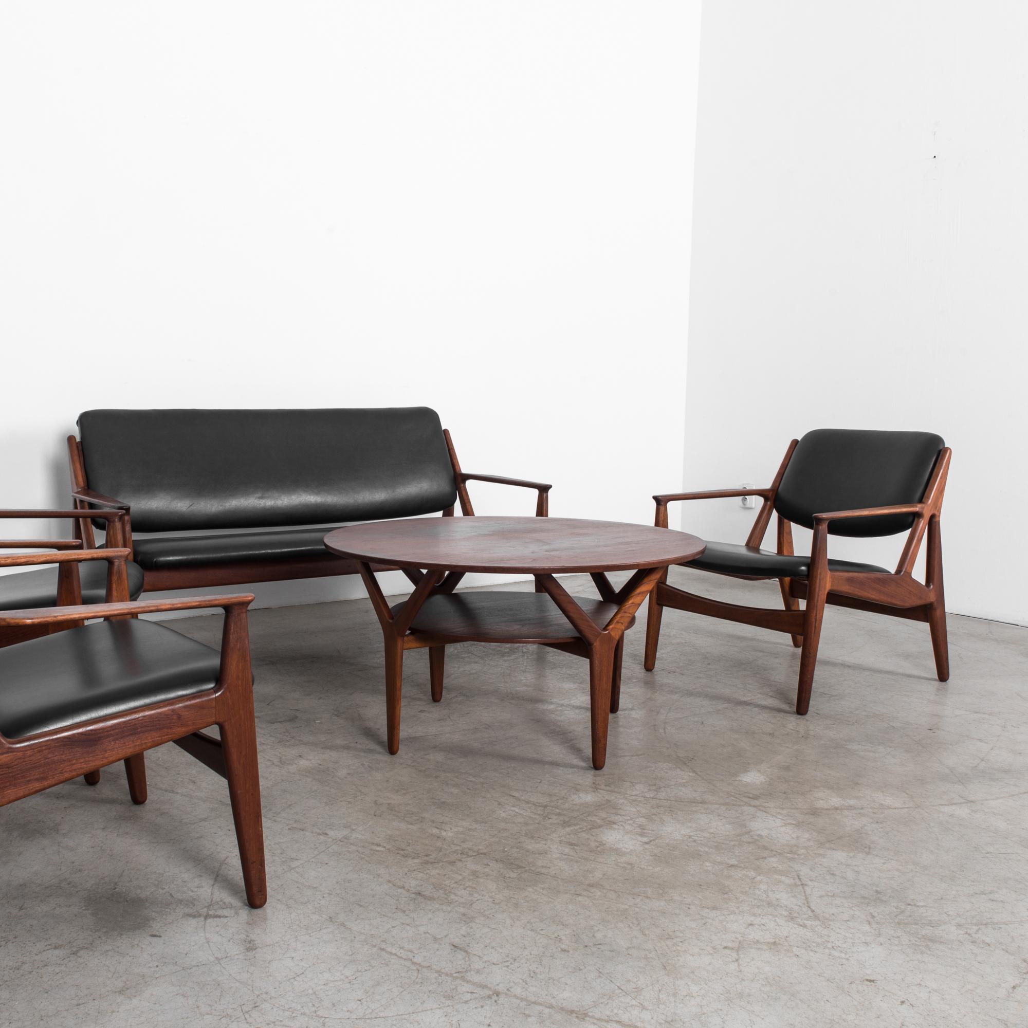 Danish Teak and Black Leather Living Room Set by Arne Vodder