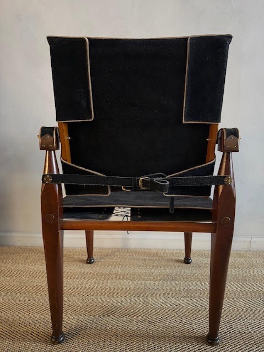 Campaign Teak and Black Suede Safari Armchair from Northern Europe, 1950's For Sale