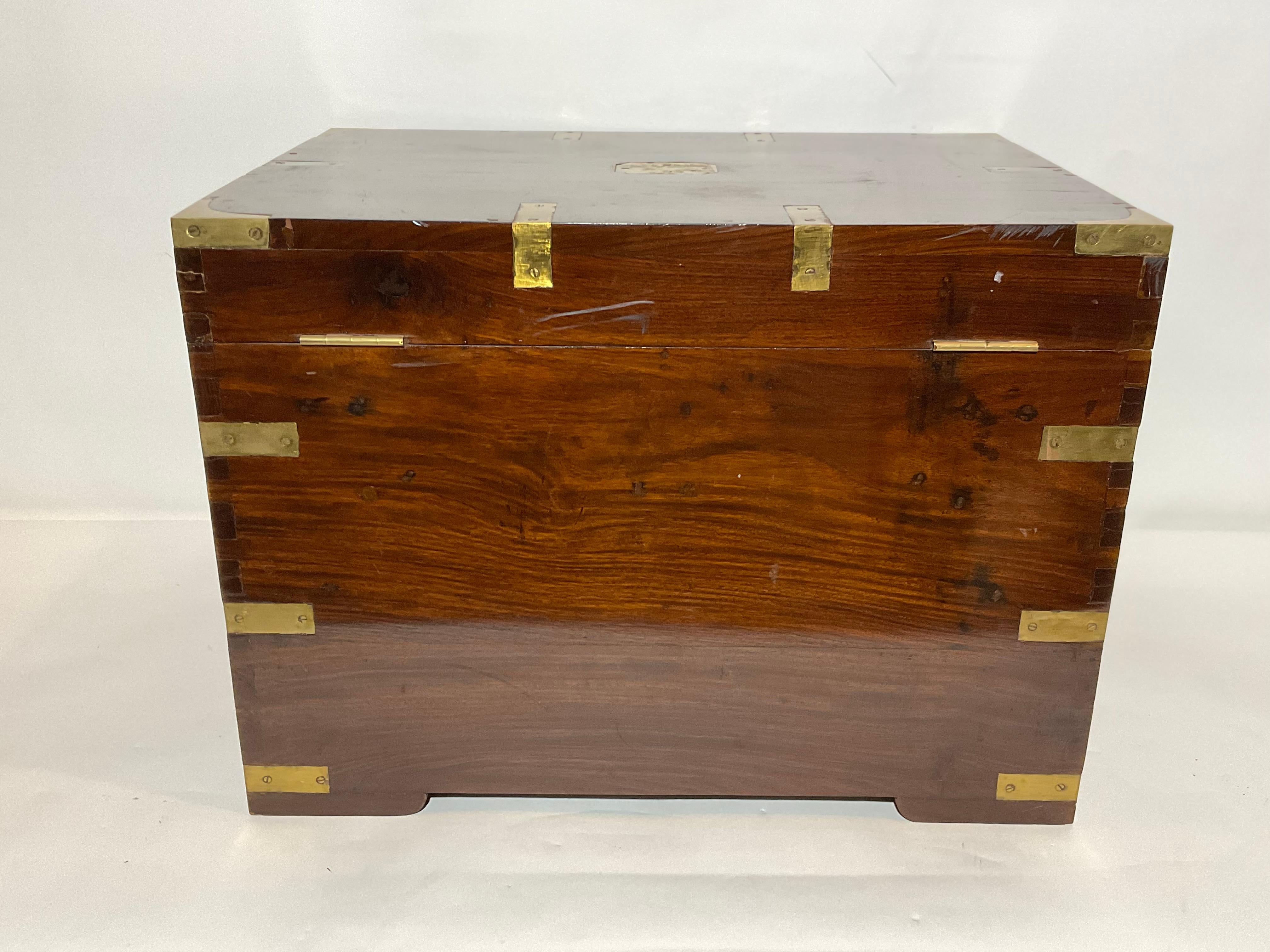 Teak and Brass Campaign Trunk For Sale 1