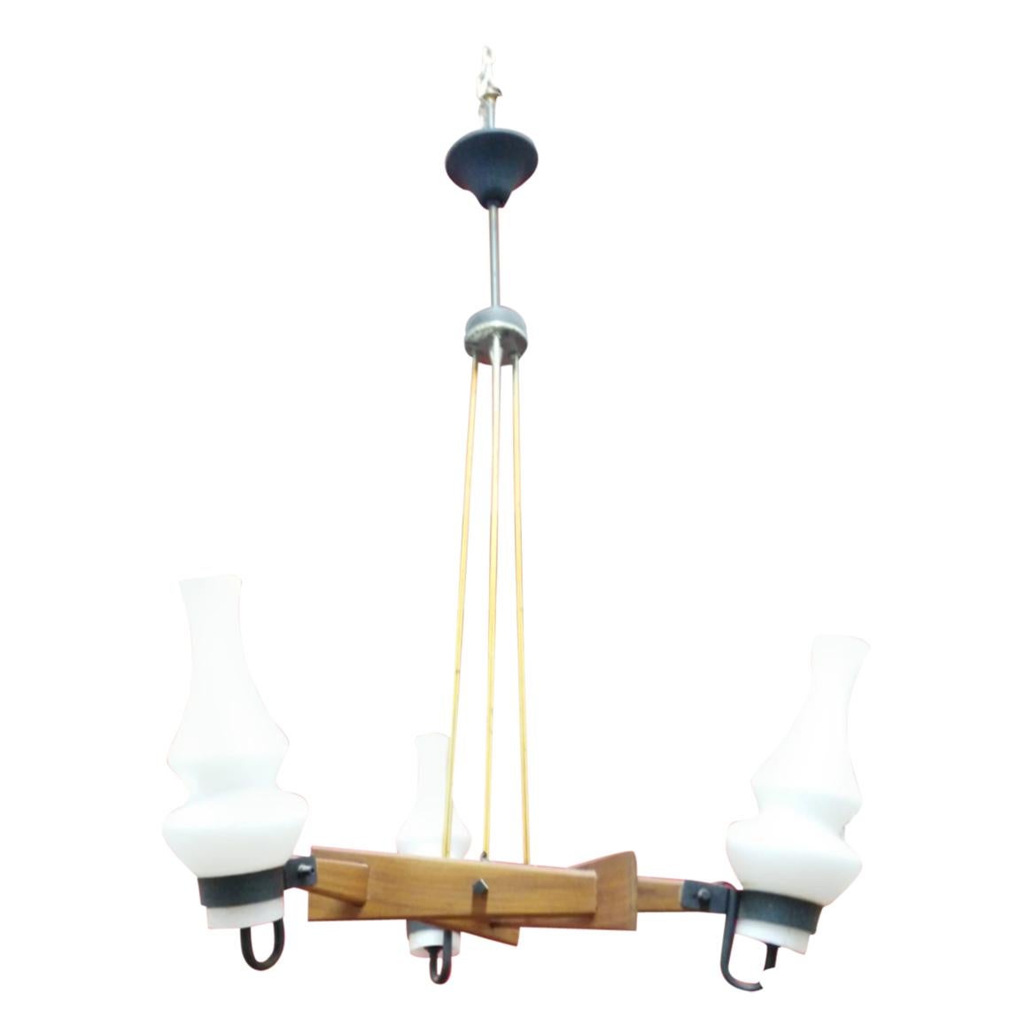 midcenturyTeak and Brass Chandelier with Opal Glass Jugs the Stilnovo,  For Sale